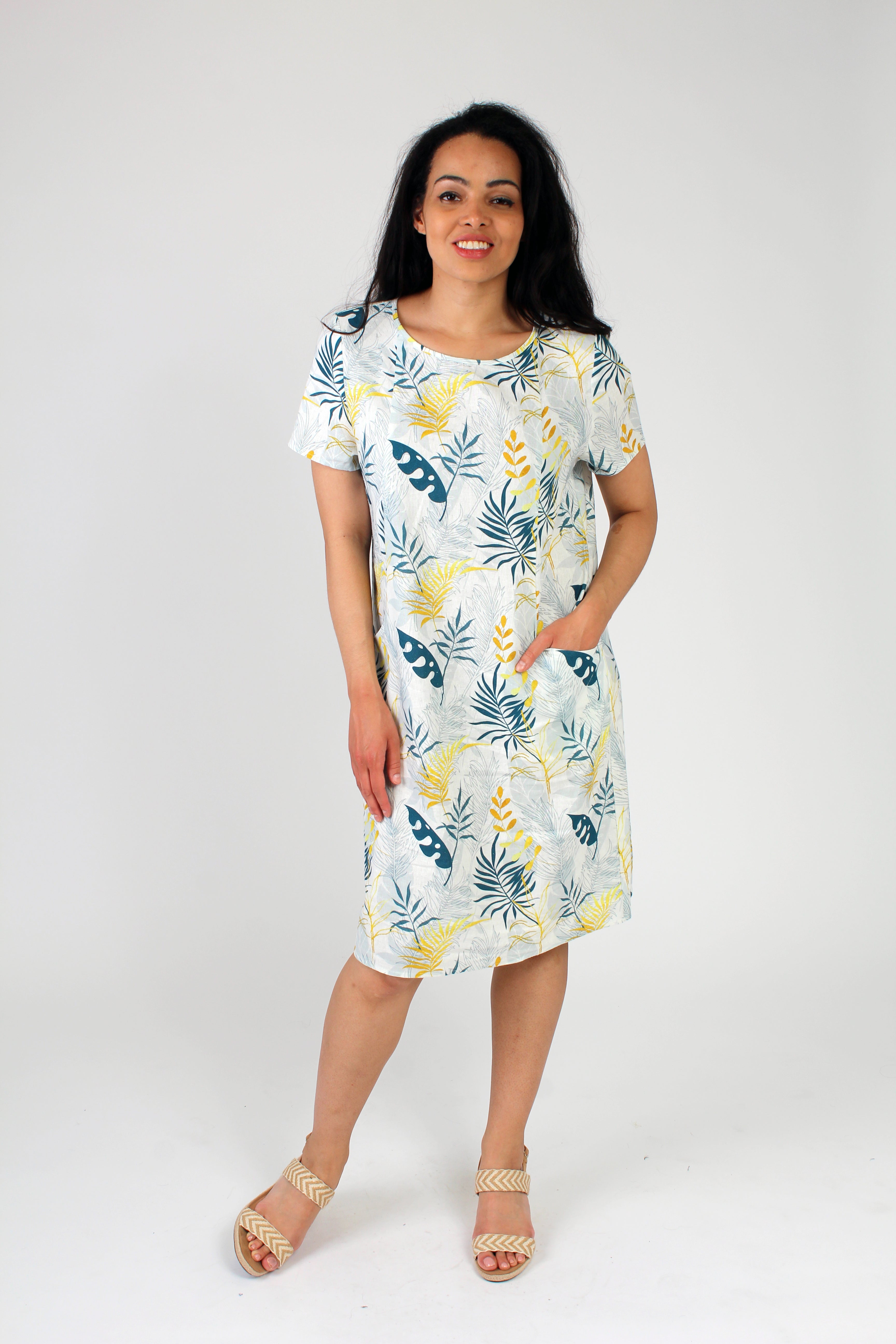Linen Blend Palm Print Dress 1SD652666C