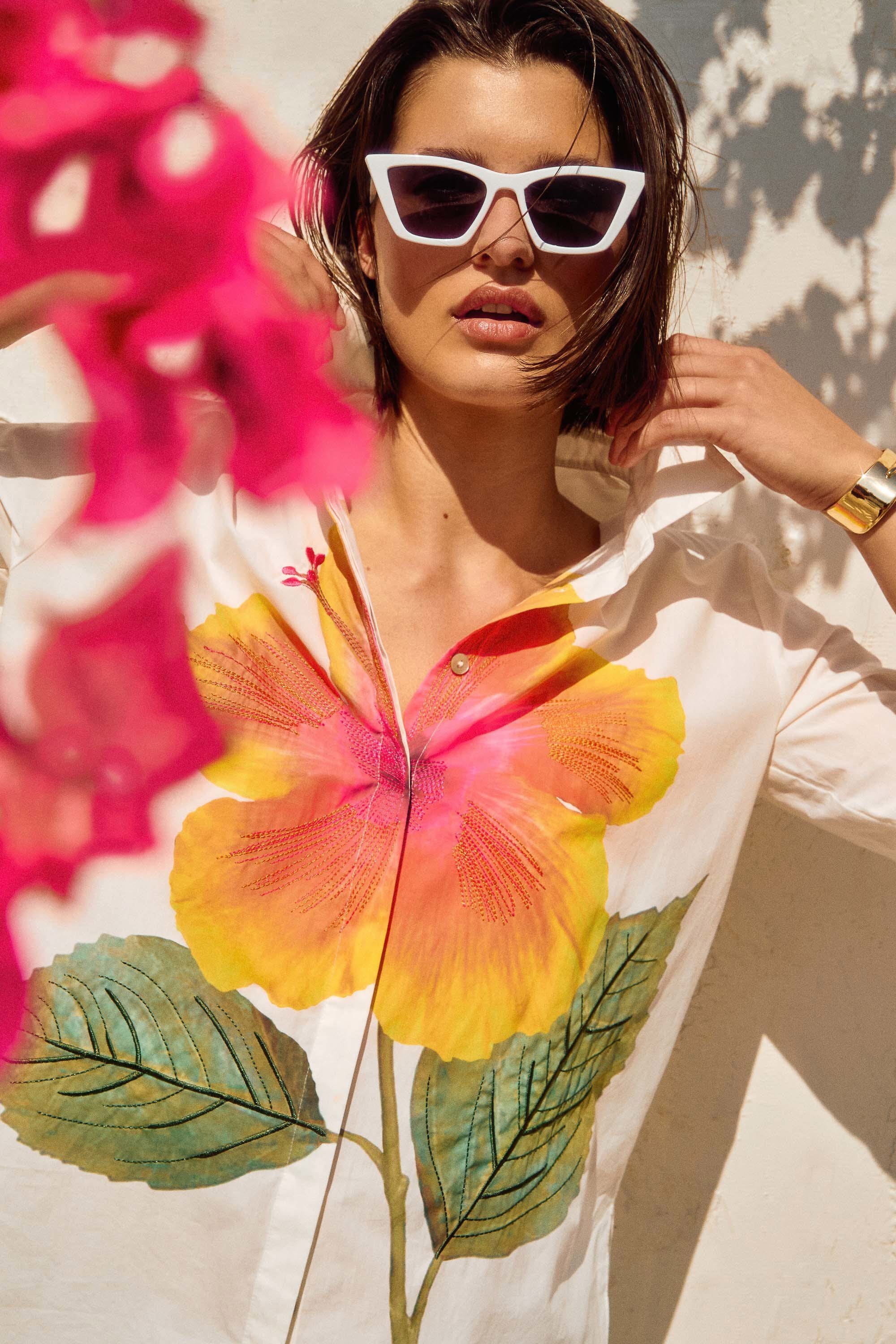 Embroidered Flower Cotton Shirt 251938 T