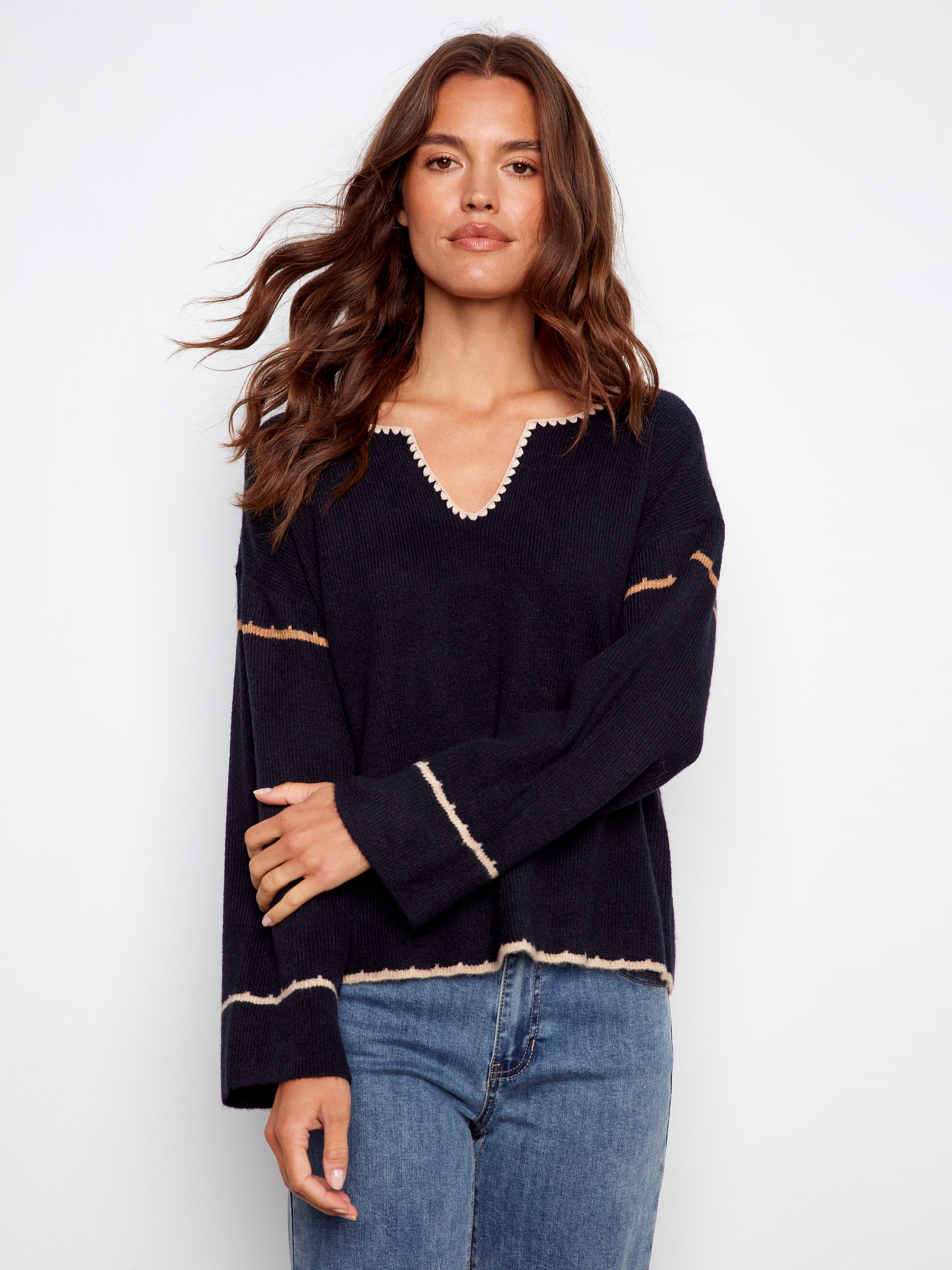 Ribbed V Neck Notched Sweater C2879/365C