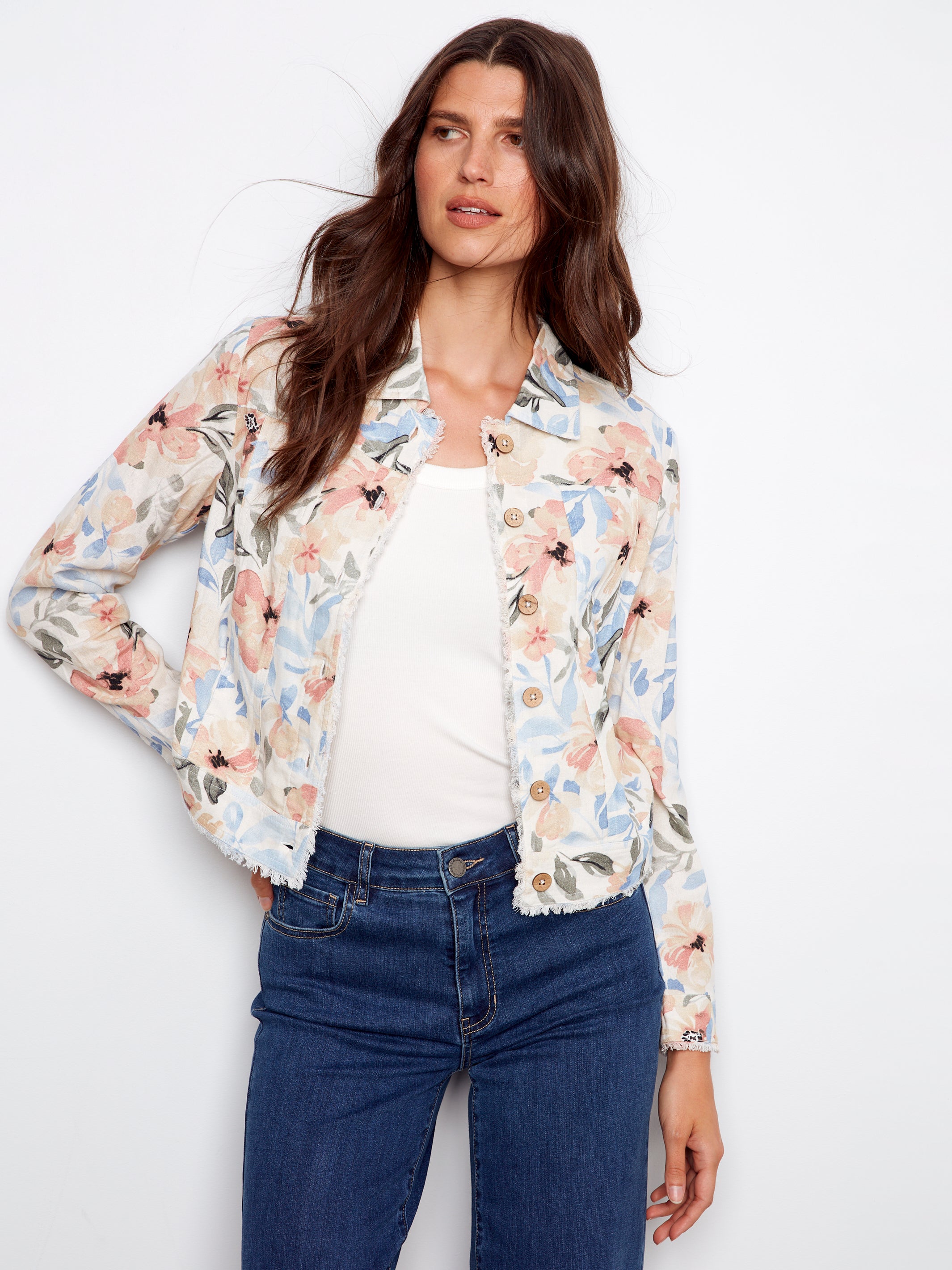 Printed Linen Jacket With Frayed Hem C6199TP/229B