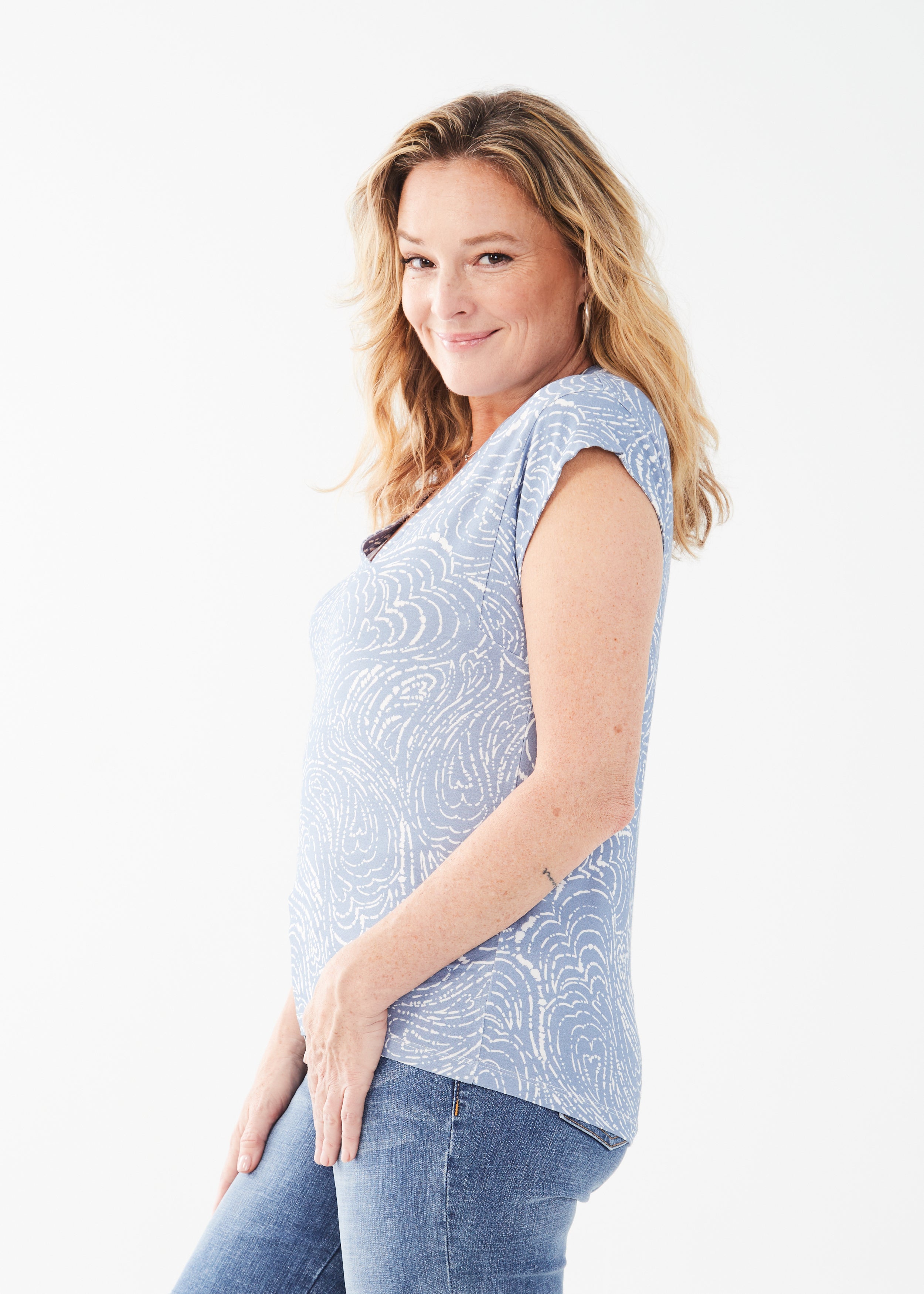 Printed Cap Sleeve V Neck 3397756