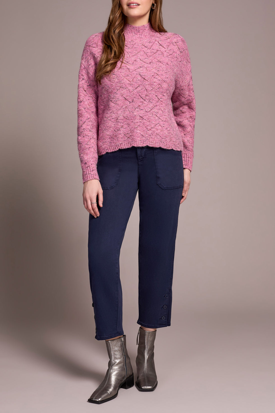 Mock Neck Puff Sleeve High Low Sweater 5943O/5035