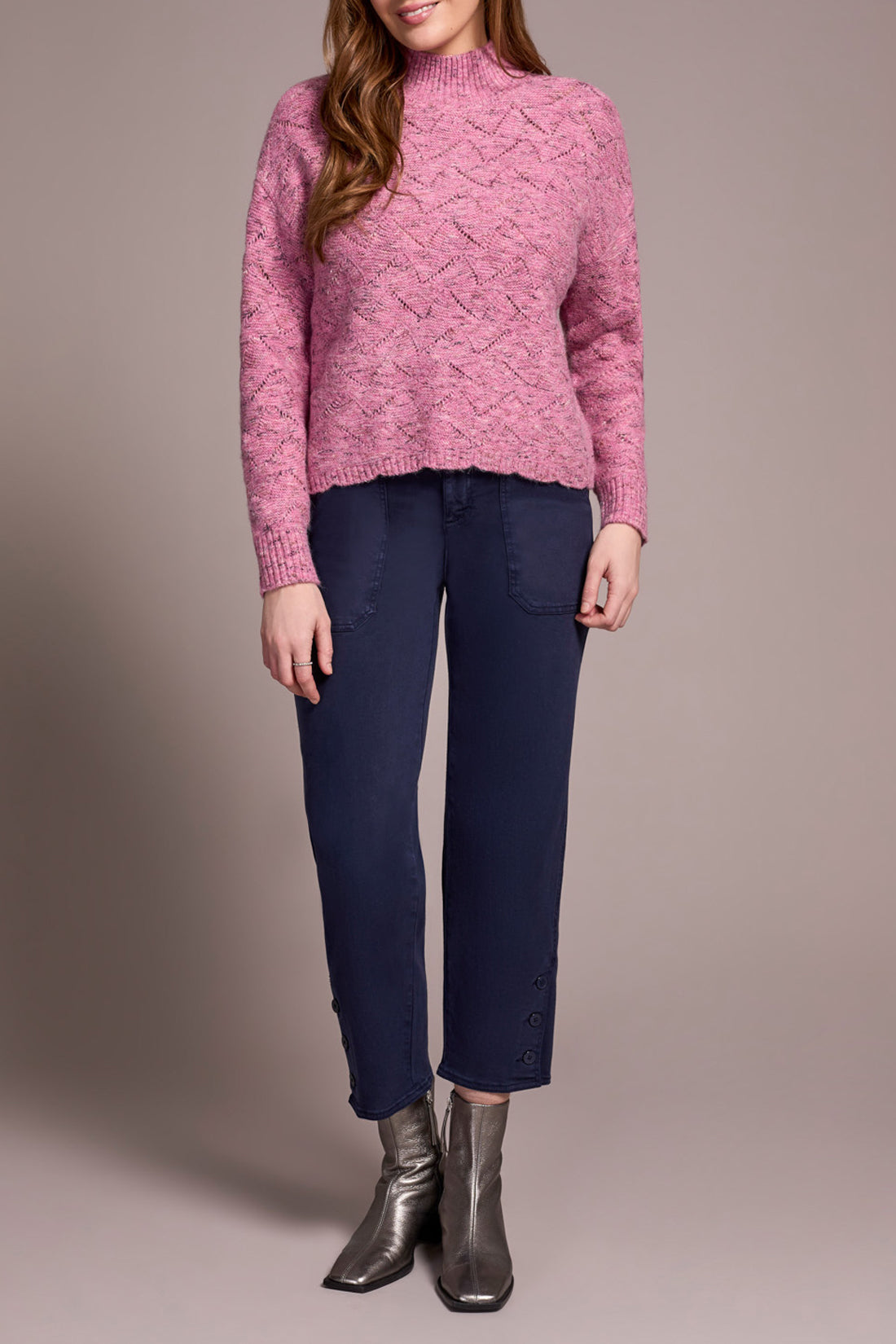 Mock Neck Puff Sleeve High Low Sweater 5943O/5035