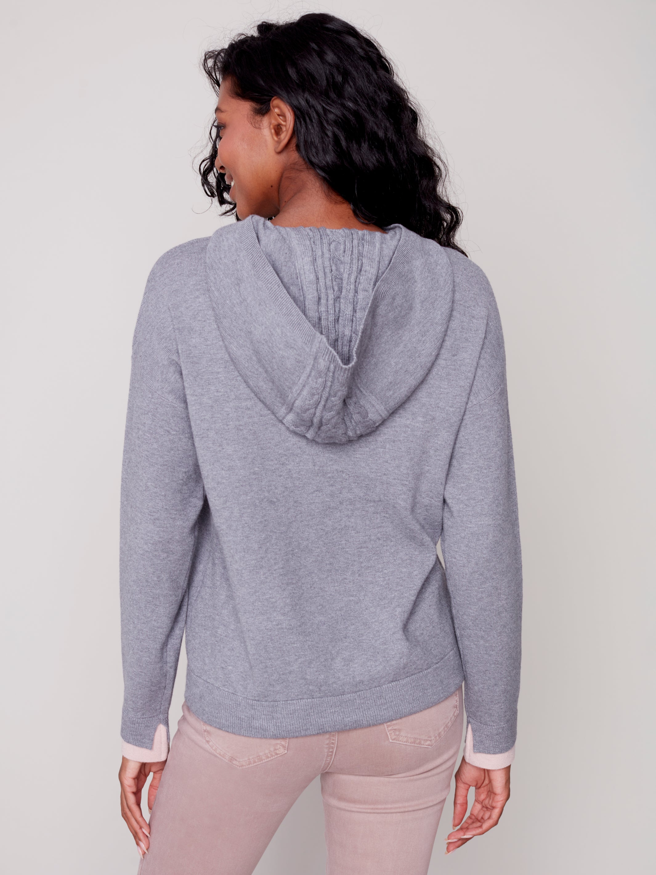 Sweater With Hood & Contrast Cuffs/Cable Knit Detail C2549/464A