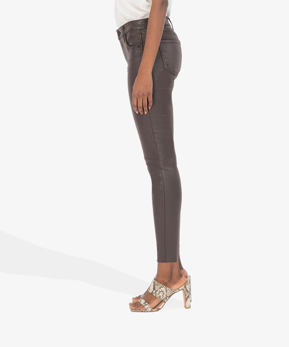 Connie Faux Leather High Rise Fab Ab Ankle Skinny Raw Hem (Chocolate)