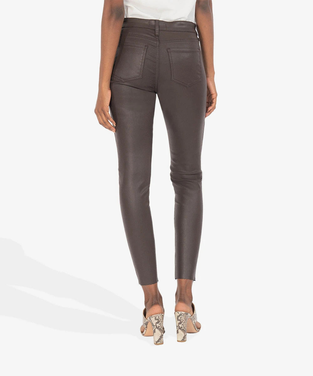 Connie Faux Leather High Rise Fab Ab Ankle Skinny Raw Hem (Chocolate)