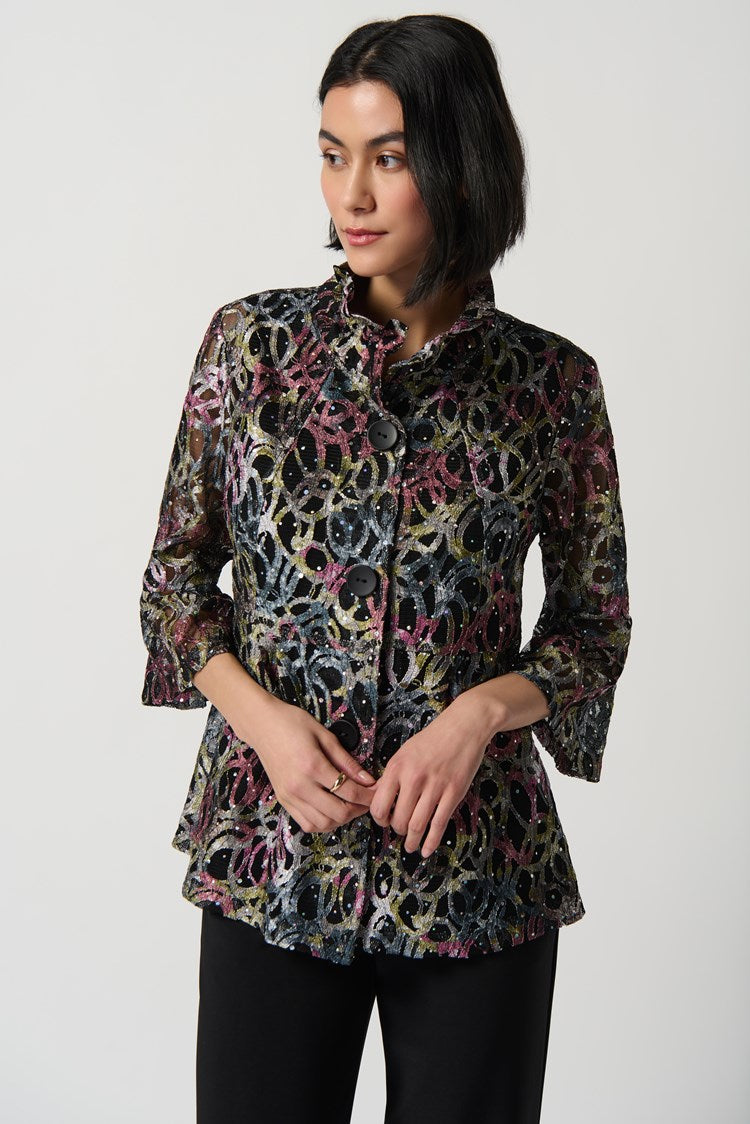 Abstract Print Shirred Collar Trapeze Jacket 234106