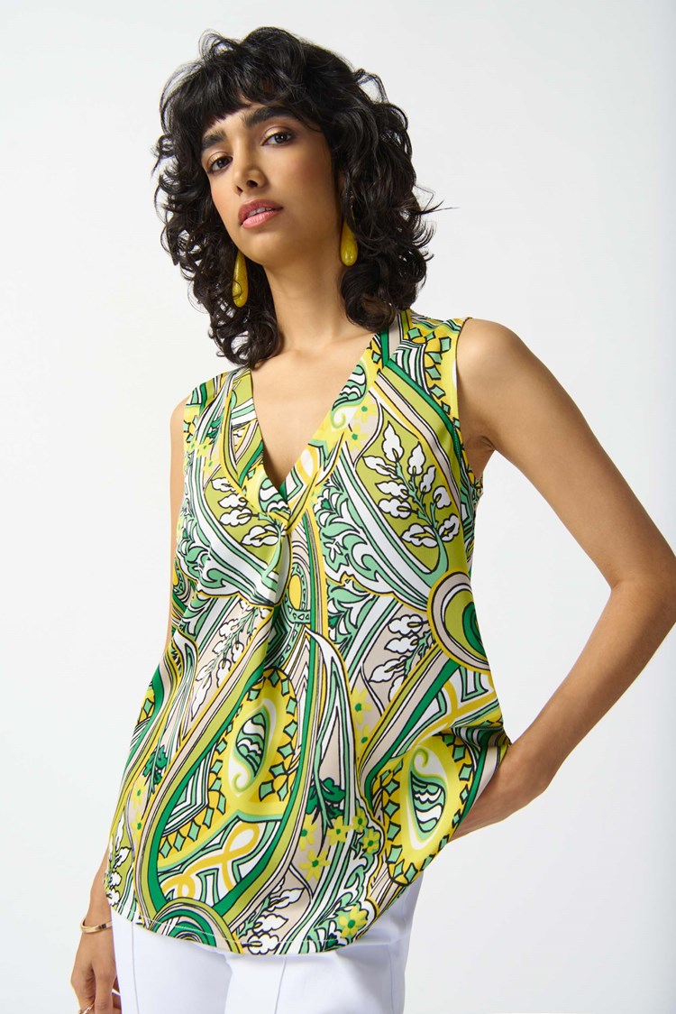Satin Paisley Print Sleeveless Flared Top 242002