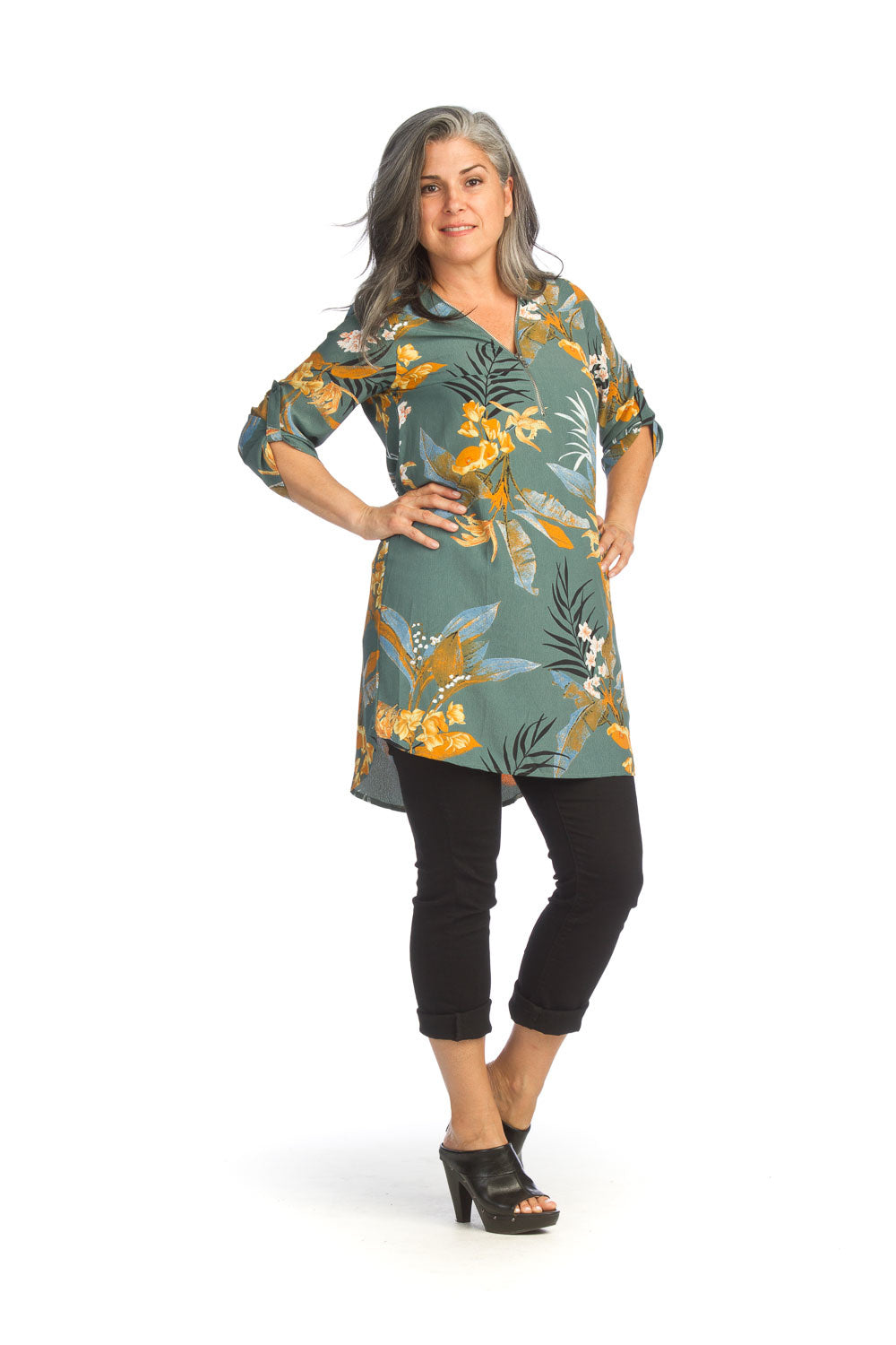 Floral Front Zip Tunic With Tab 14141