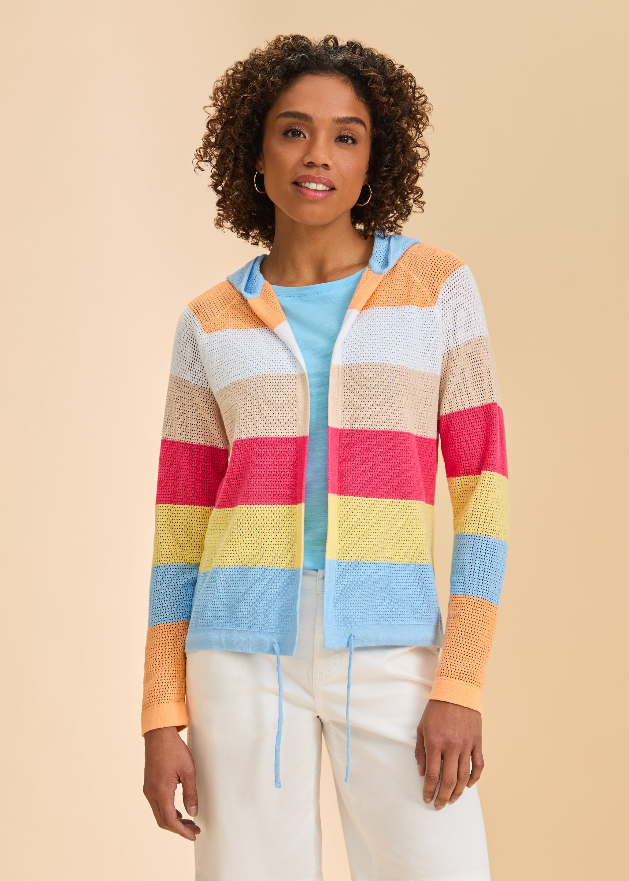 Striped Pointelle Hooded Cardigan 1631314