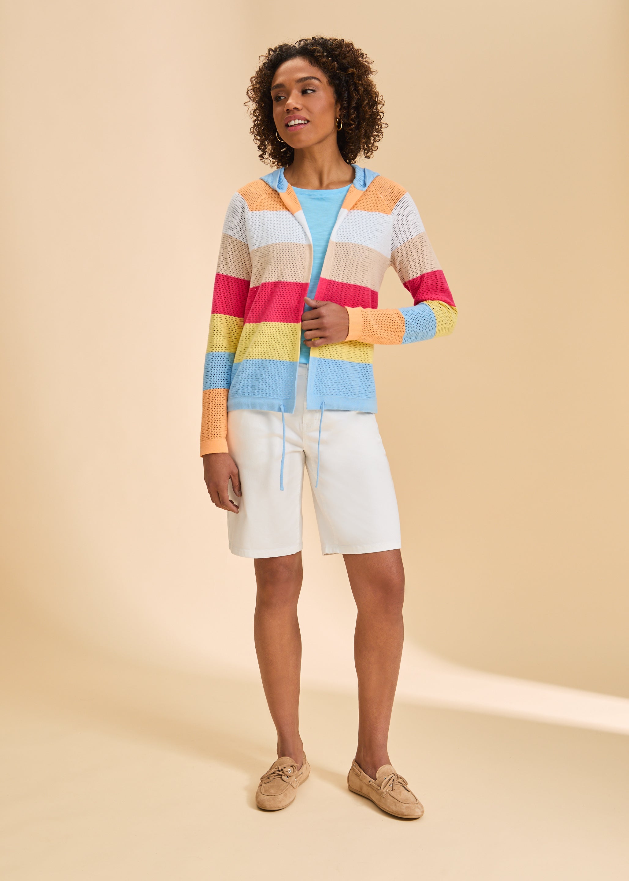 Striped Pointelle Hooded Cardigan 1631314