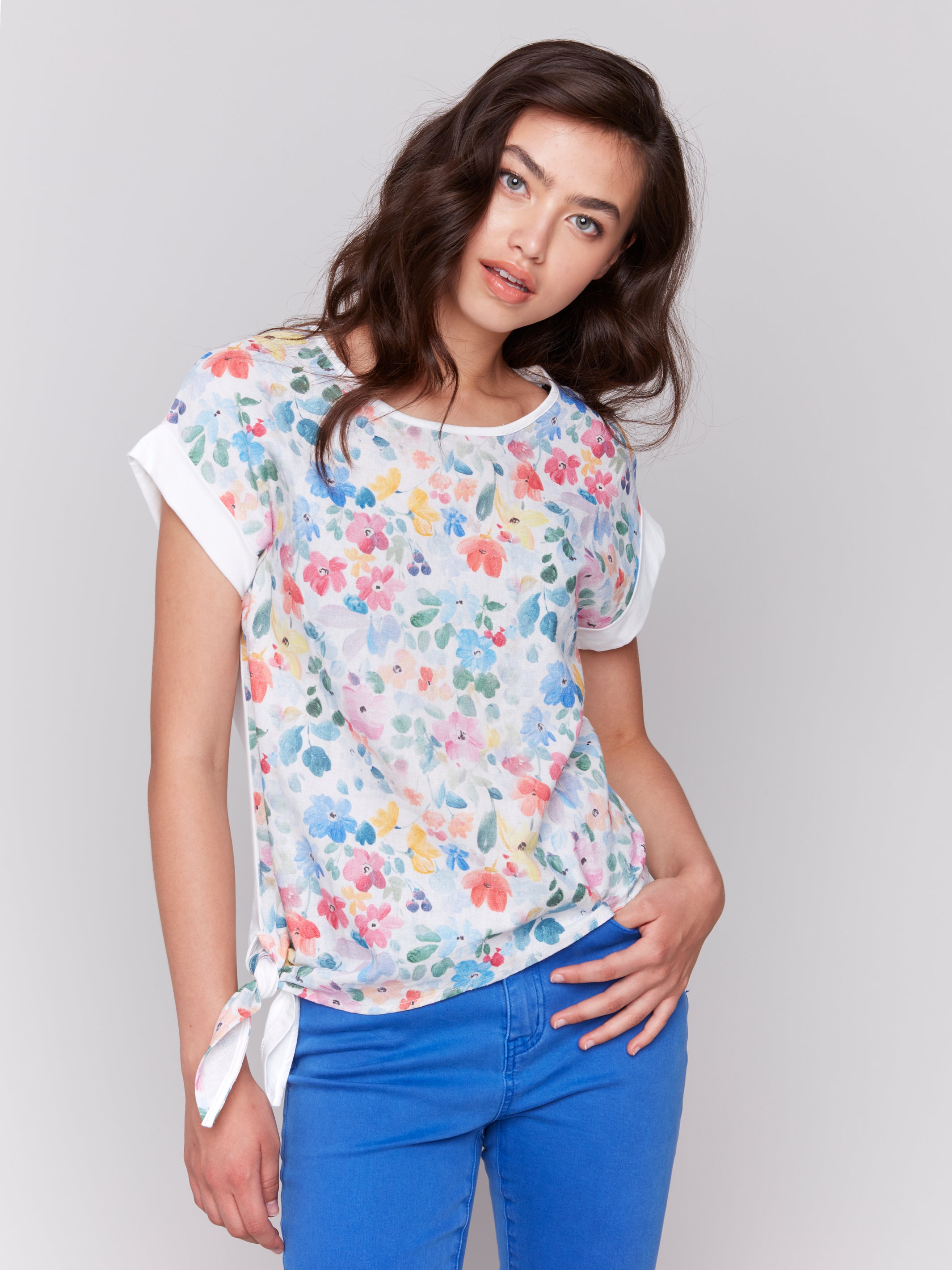 Printed Round Neck Jersey Linen Combo Front Tie Shirt C4483R/787A