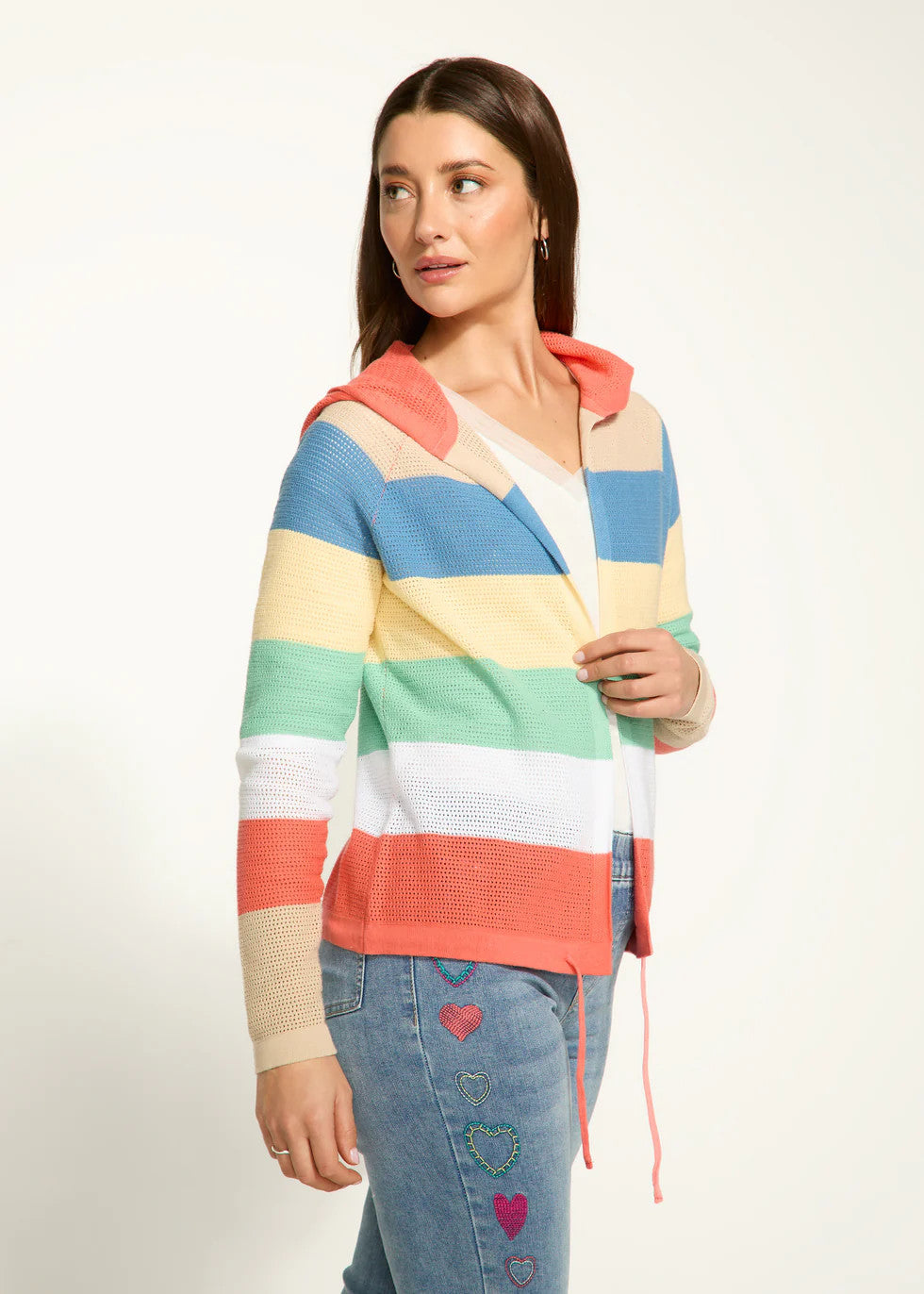 Striped Pointelle Hooded Cardigan 1631314