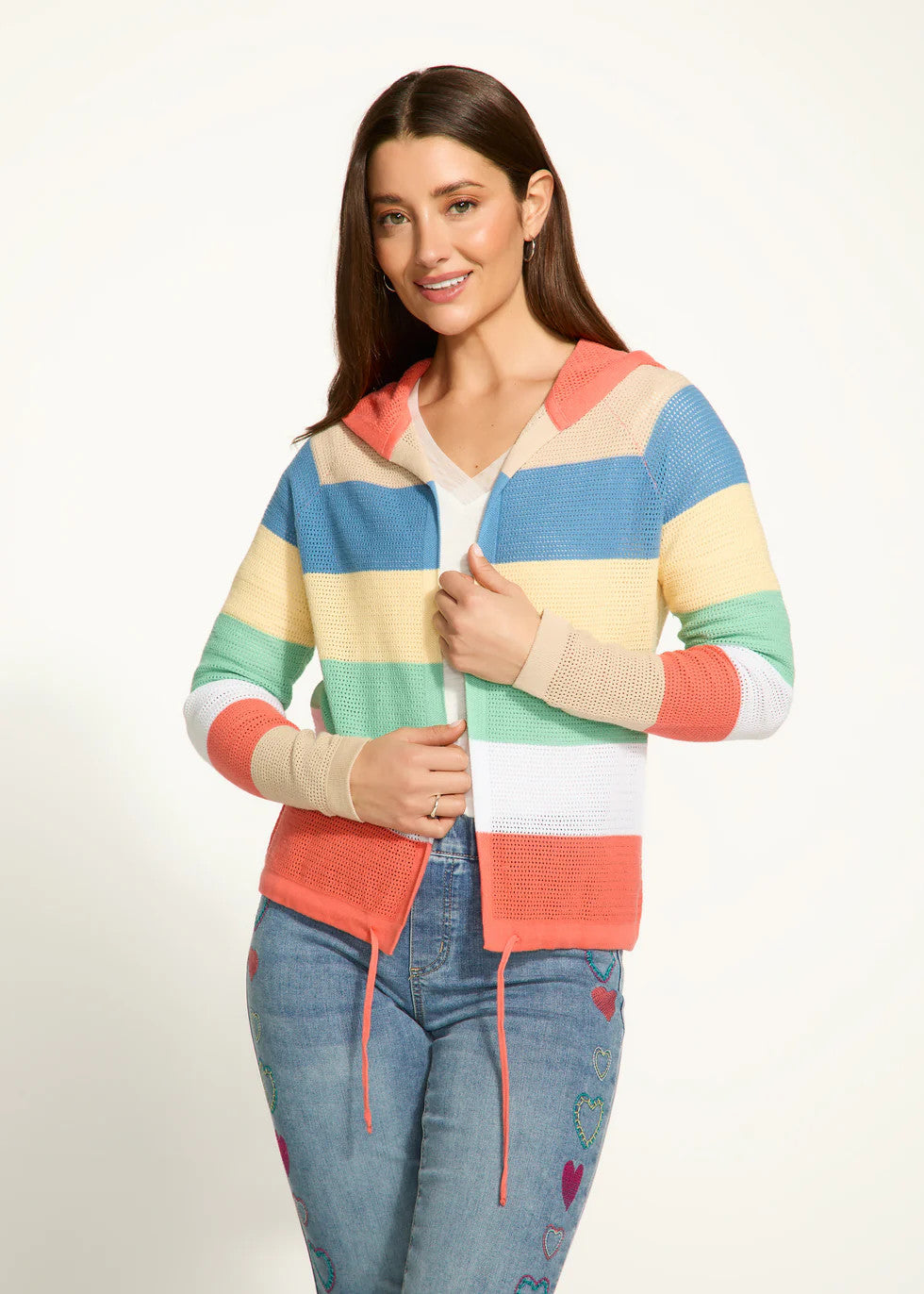 Striped Pointelle Hooded Cardigan 1631314