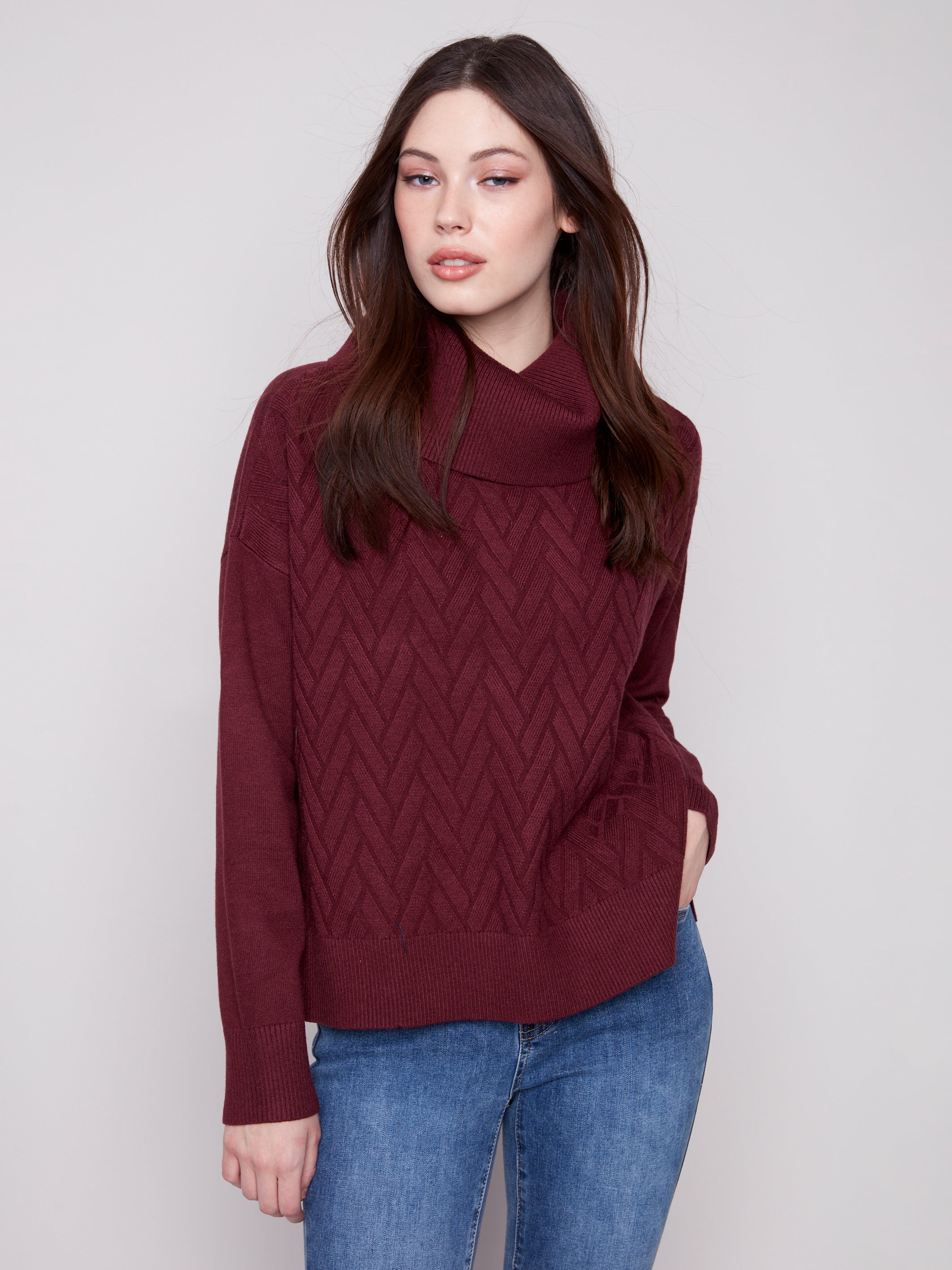 Cowl Neck Sweater Side Slit/Tie Details C2903/974A