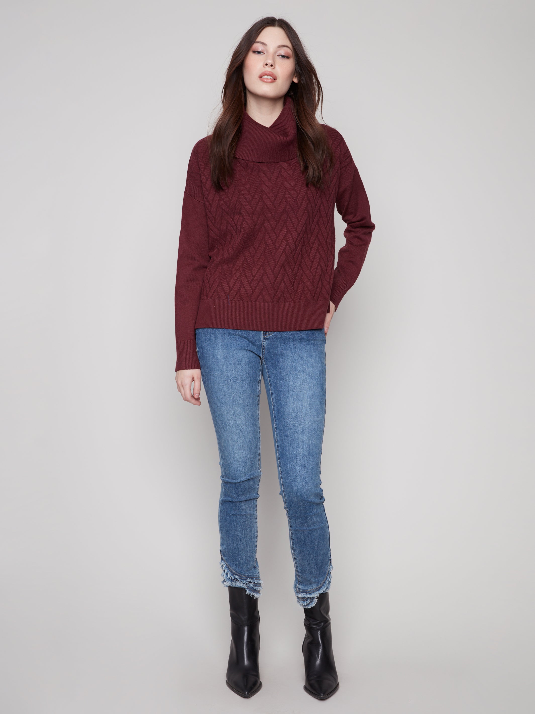 Cowl Neck Sweater Side Slit/Tie Details C2903/974A