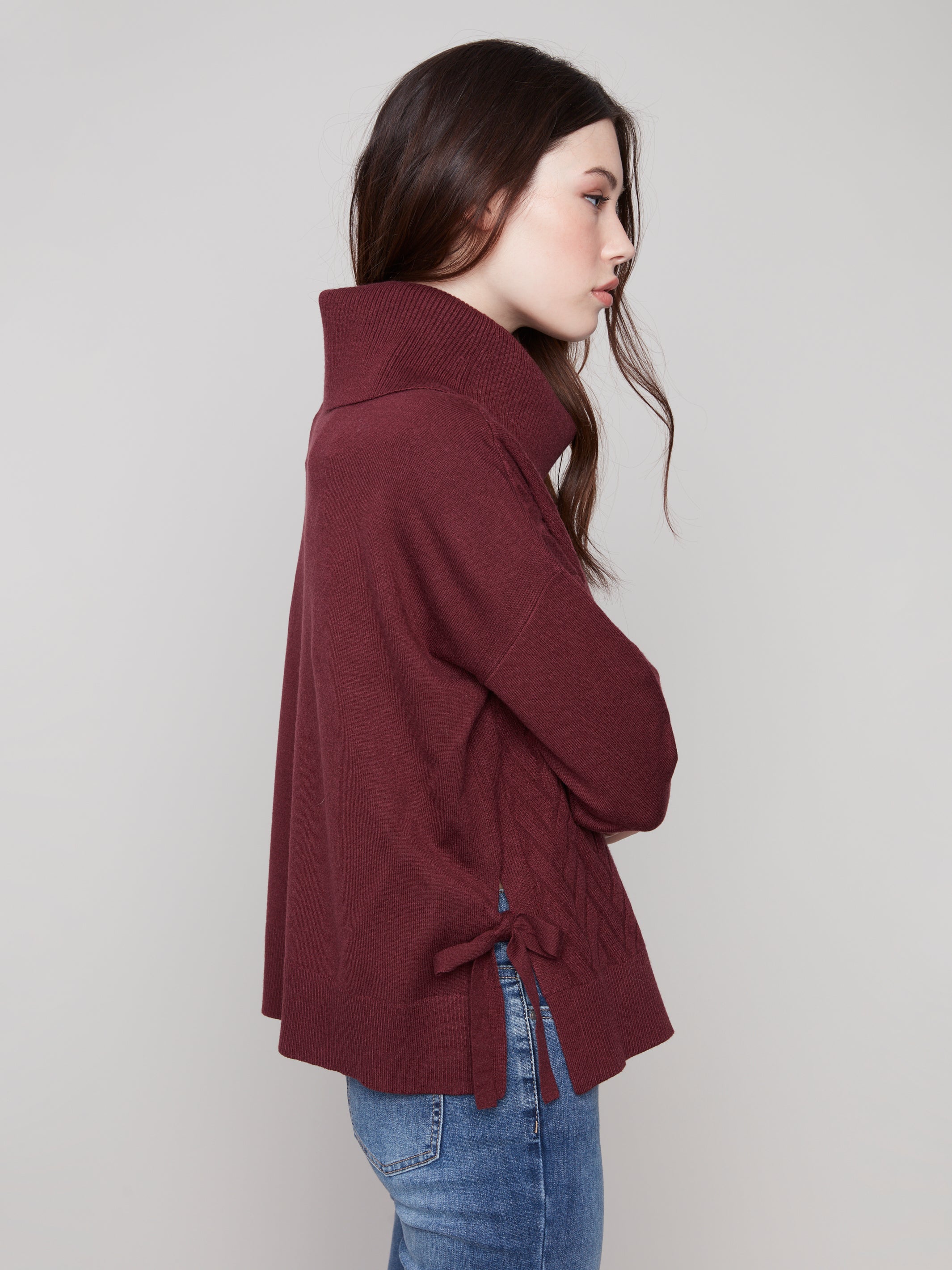 Cowl Neck Sweater Side Slit/Tie Details C2903/974A