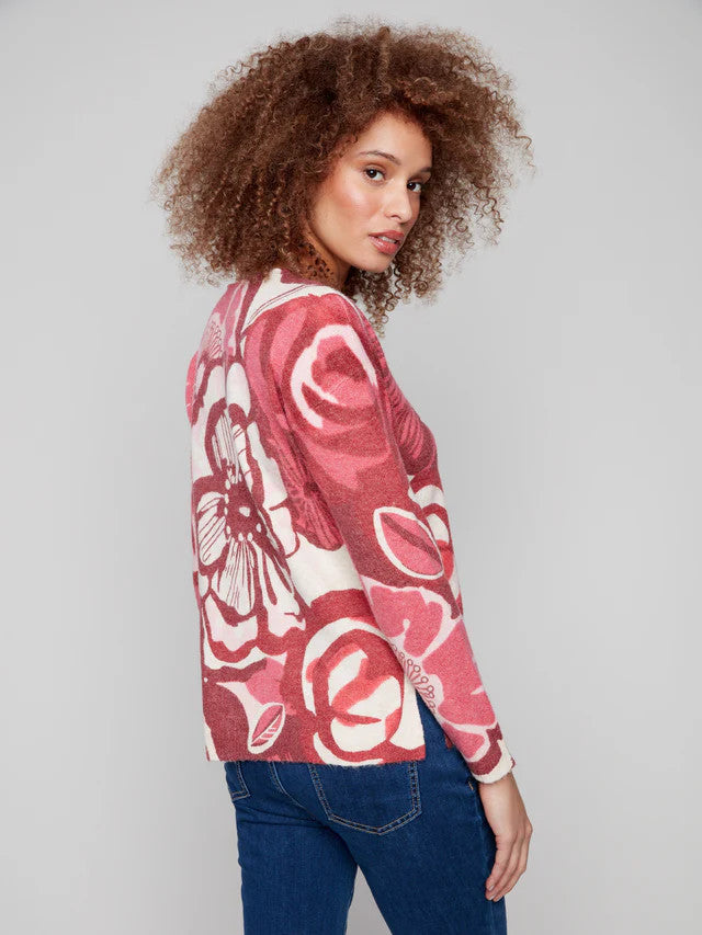Printed Plush Knit V-Neck Sweater  c2581