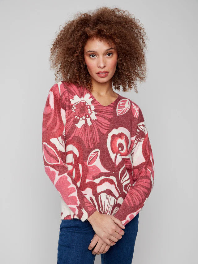 Printed Plush Knit V-Neck Sweater  c2581