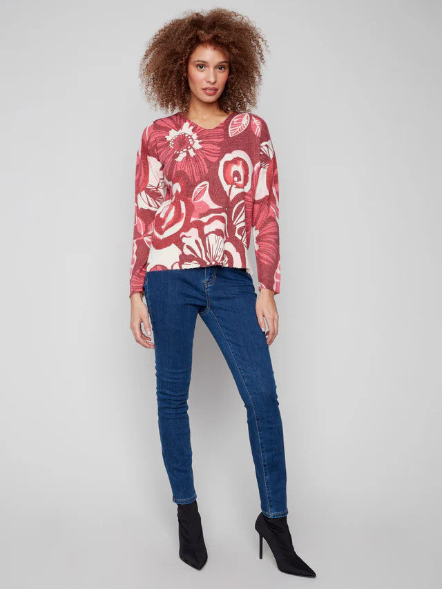 Printed Plush Knit V-Neck Sweater  c2581