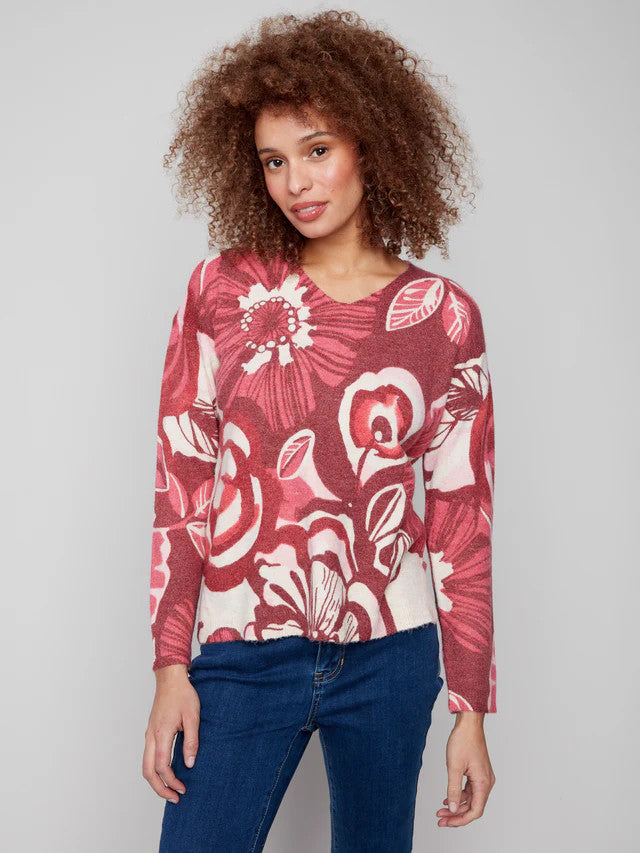 Printed Plush Knit V-Neck Sweater  c2581