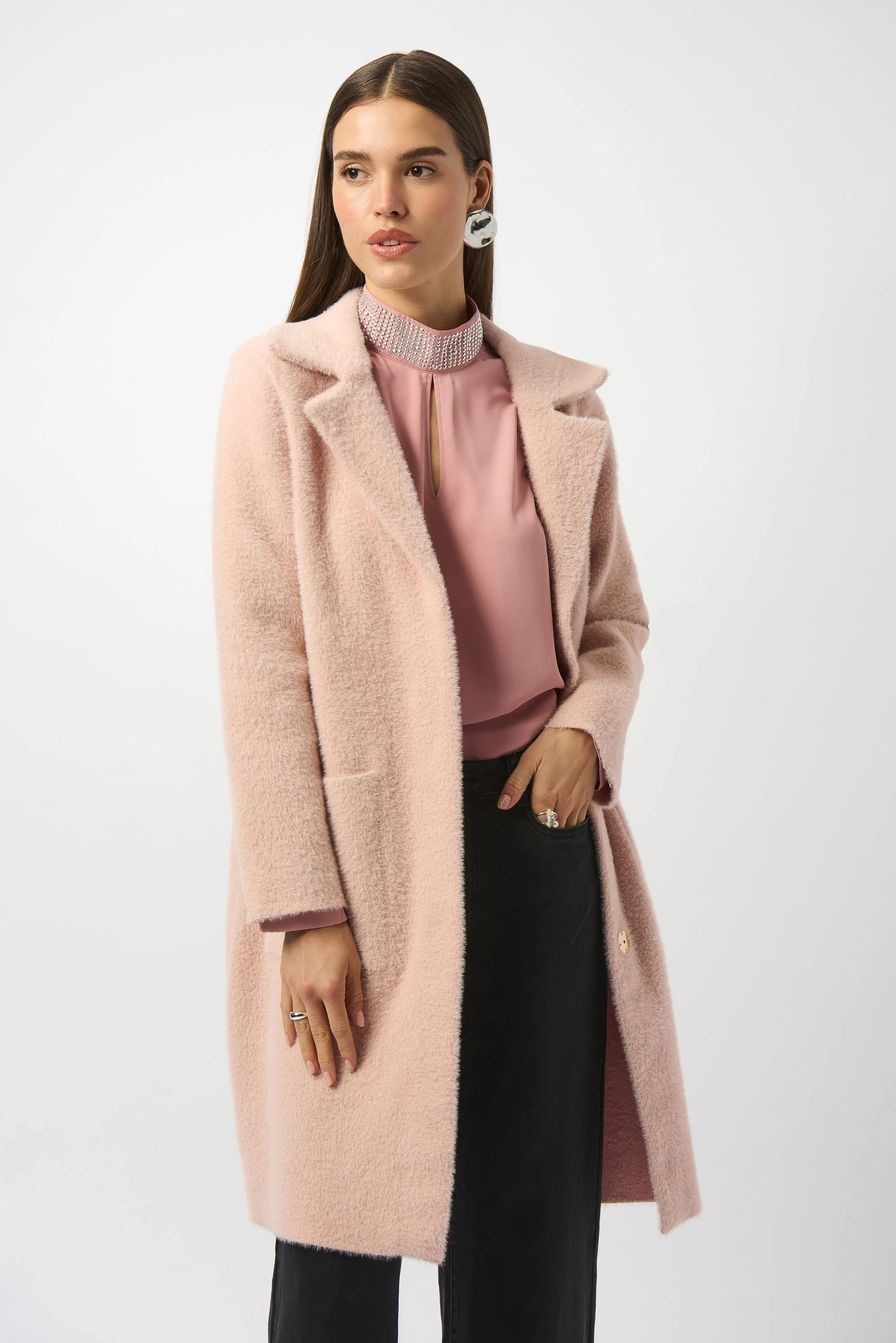 Feather Yarn and Faux Fur Sweater Coat 243923F25 T