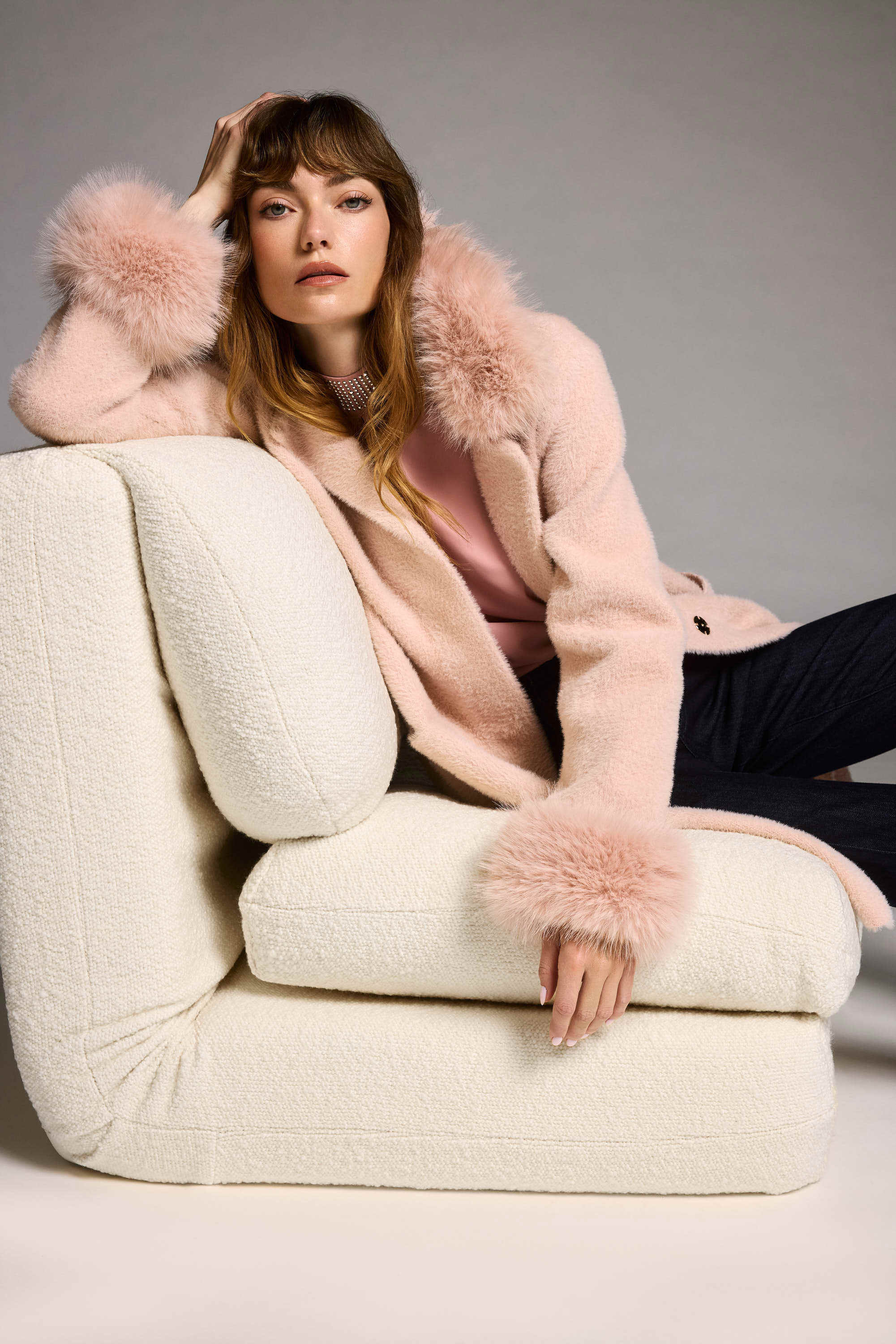 Feather Yarn and Faux Fur Sweater Coat 243923F25 T