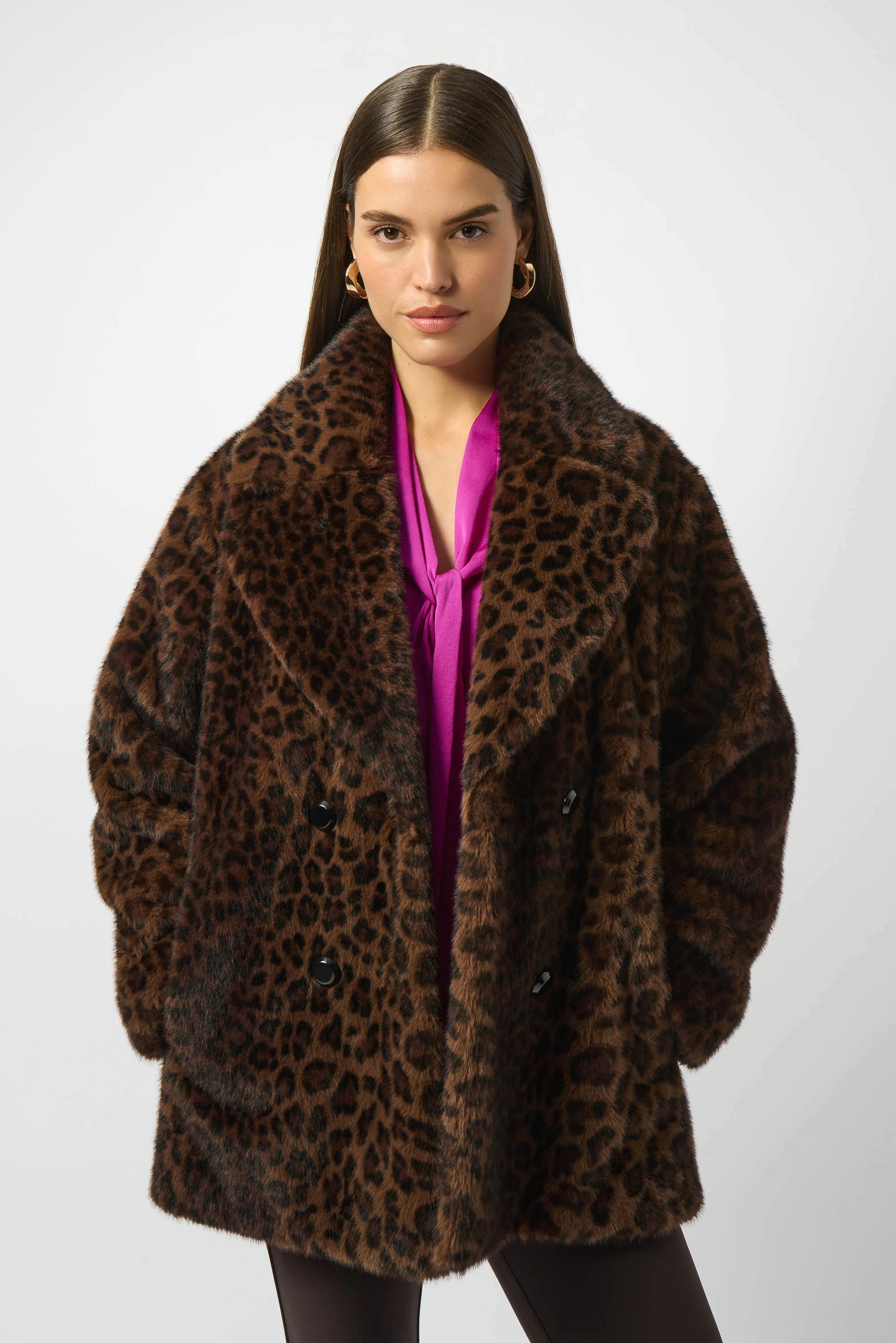 Faux Fur Leopard Print Double-Breasted Coat 253937 T