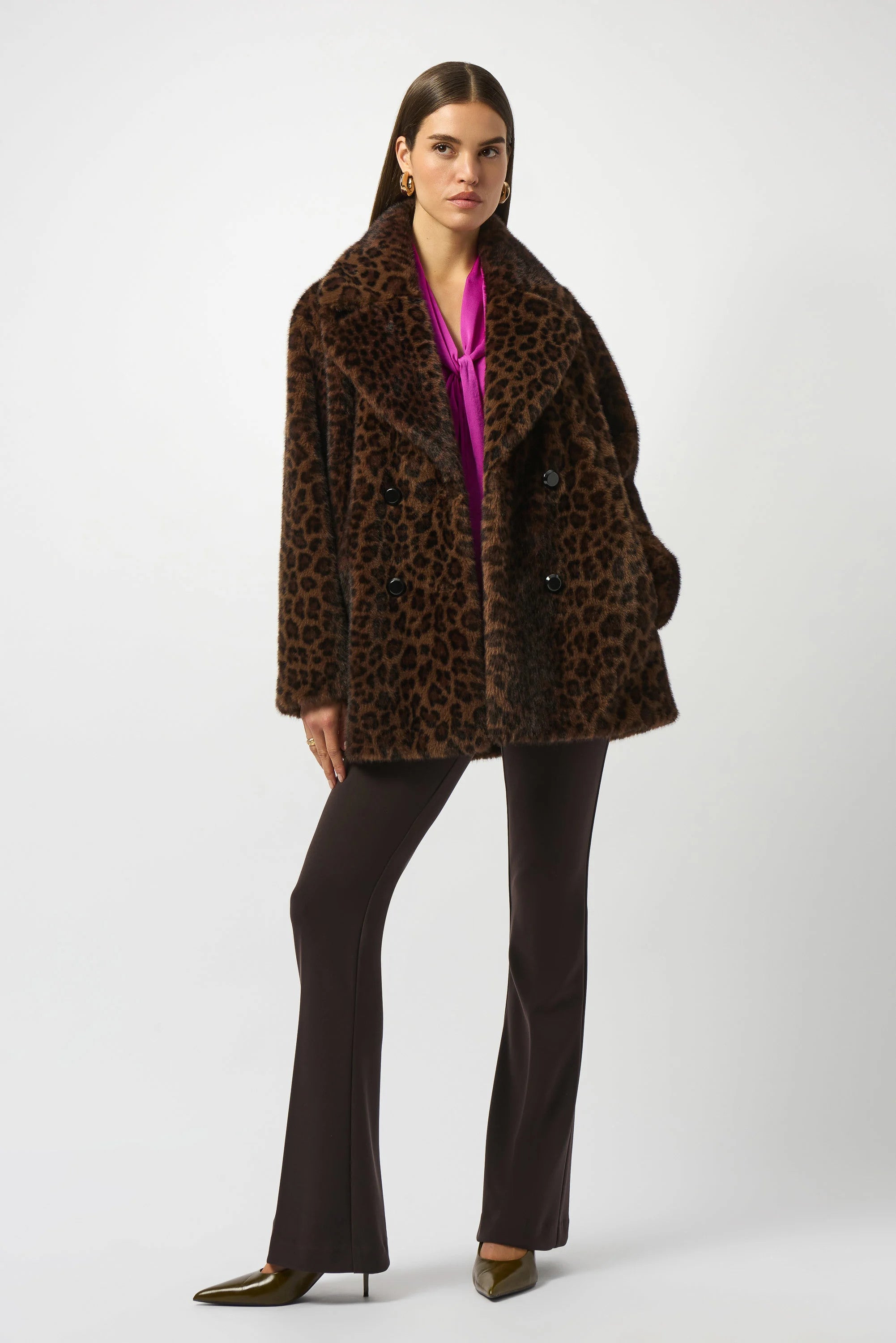 Faux Fur Leopard Print Double-Breasted Coat 253937 T
