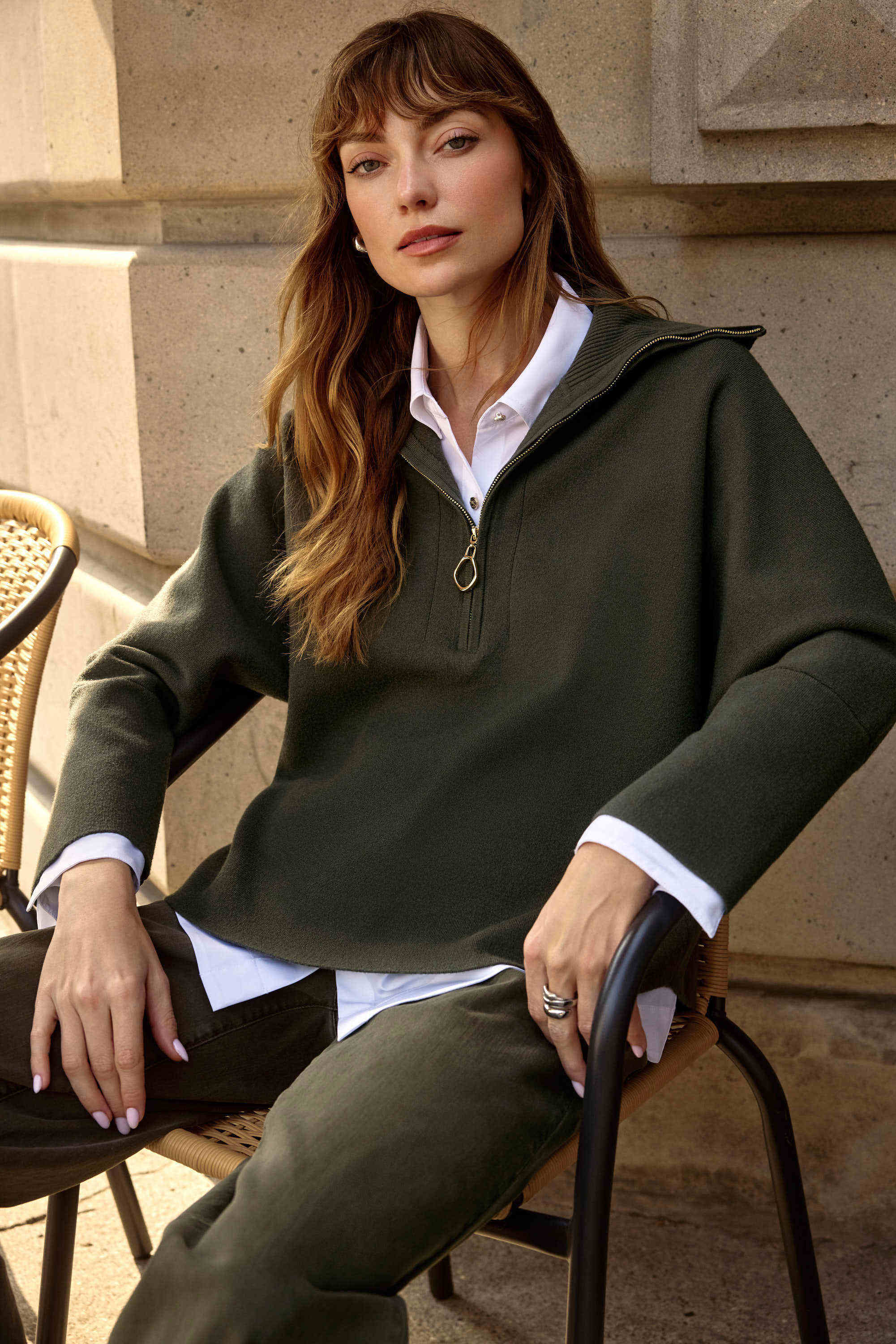 Sweater Knit Boxy Pullover With Zipped Collar 253963 T
