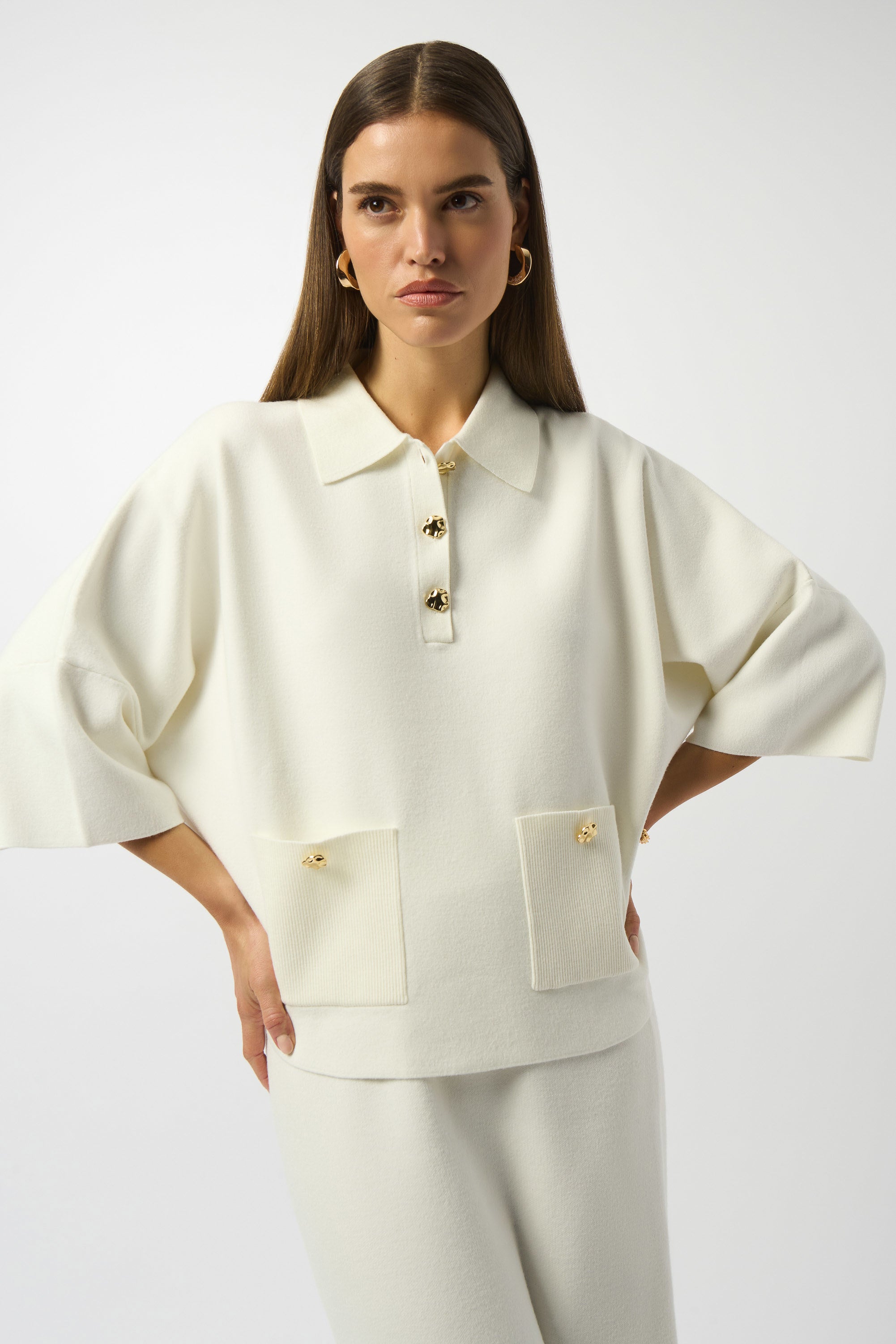 Sweater Knit Boxy Pullover With Polo Collar 253962 T