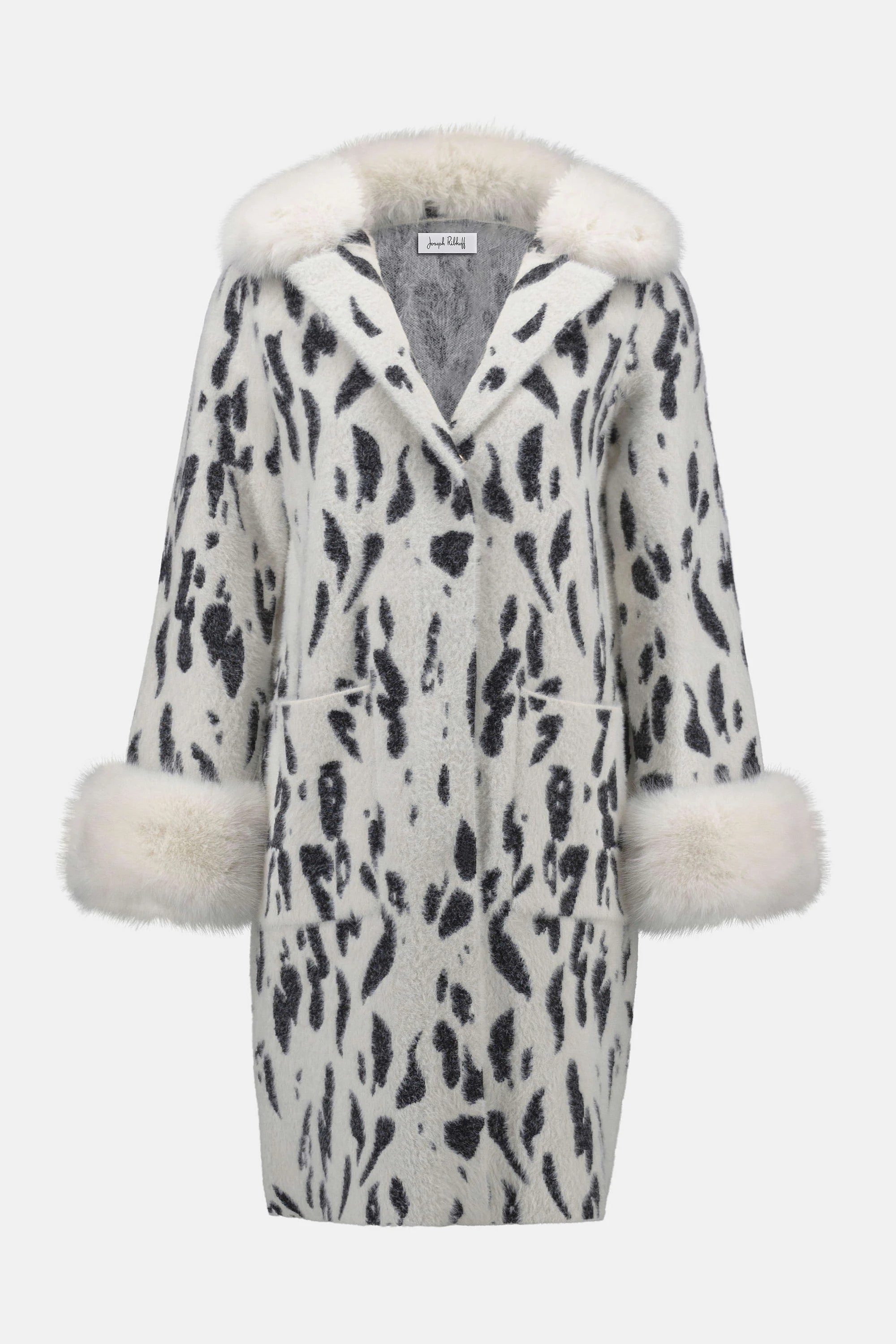 Feather Yarn Animal Jacquard Coat with Faux Fur Trim 253904 T