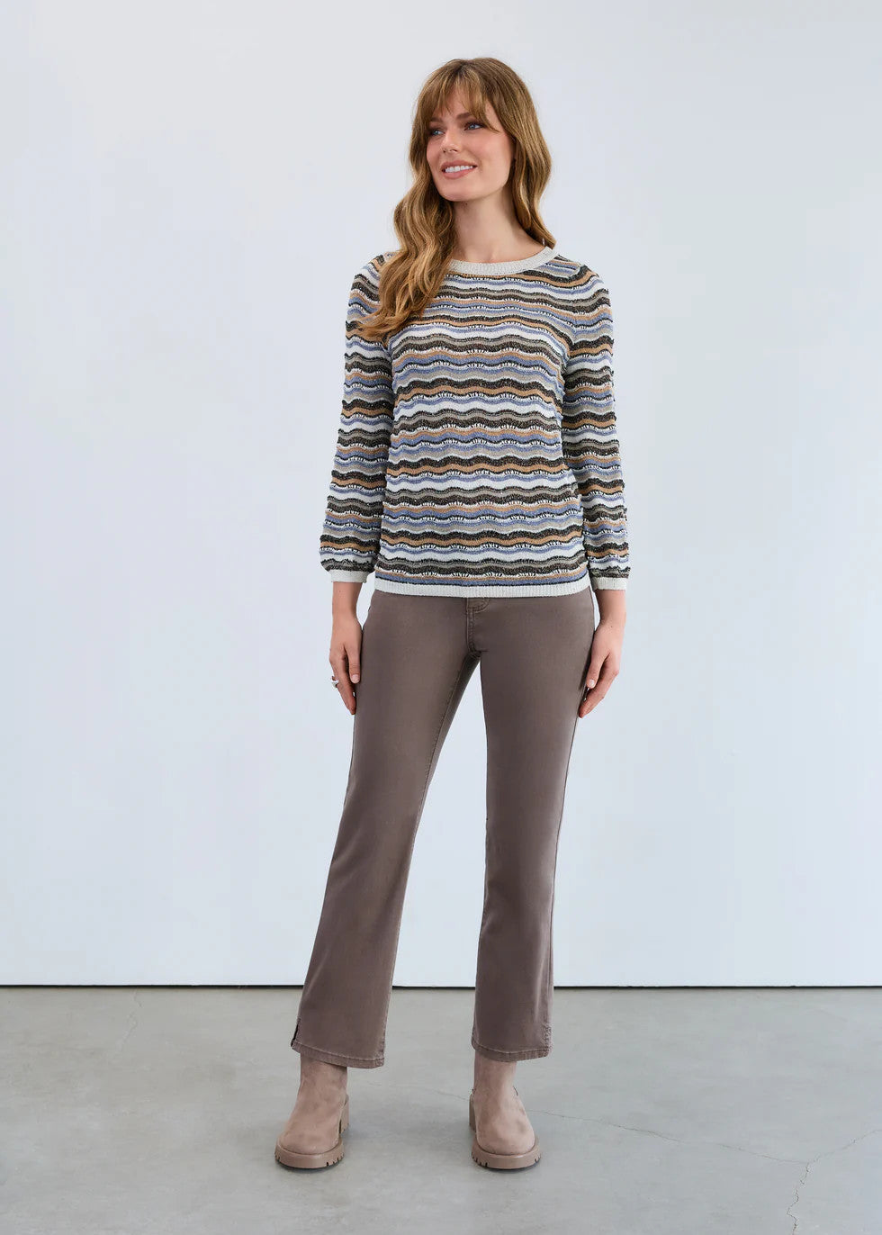 3/4 Sleeve Wave Stitch Sweater 1228526