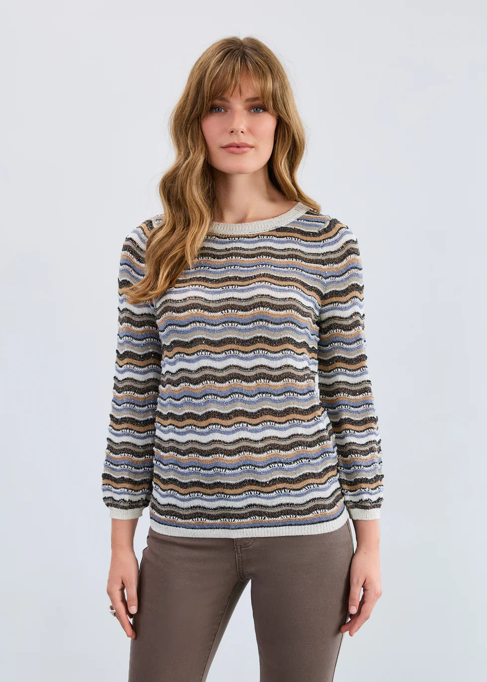 3/4 Sleeve Wave Stitch Sweater 1228526