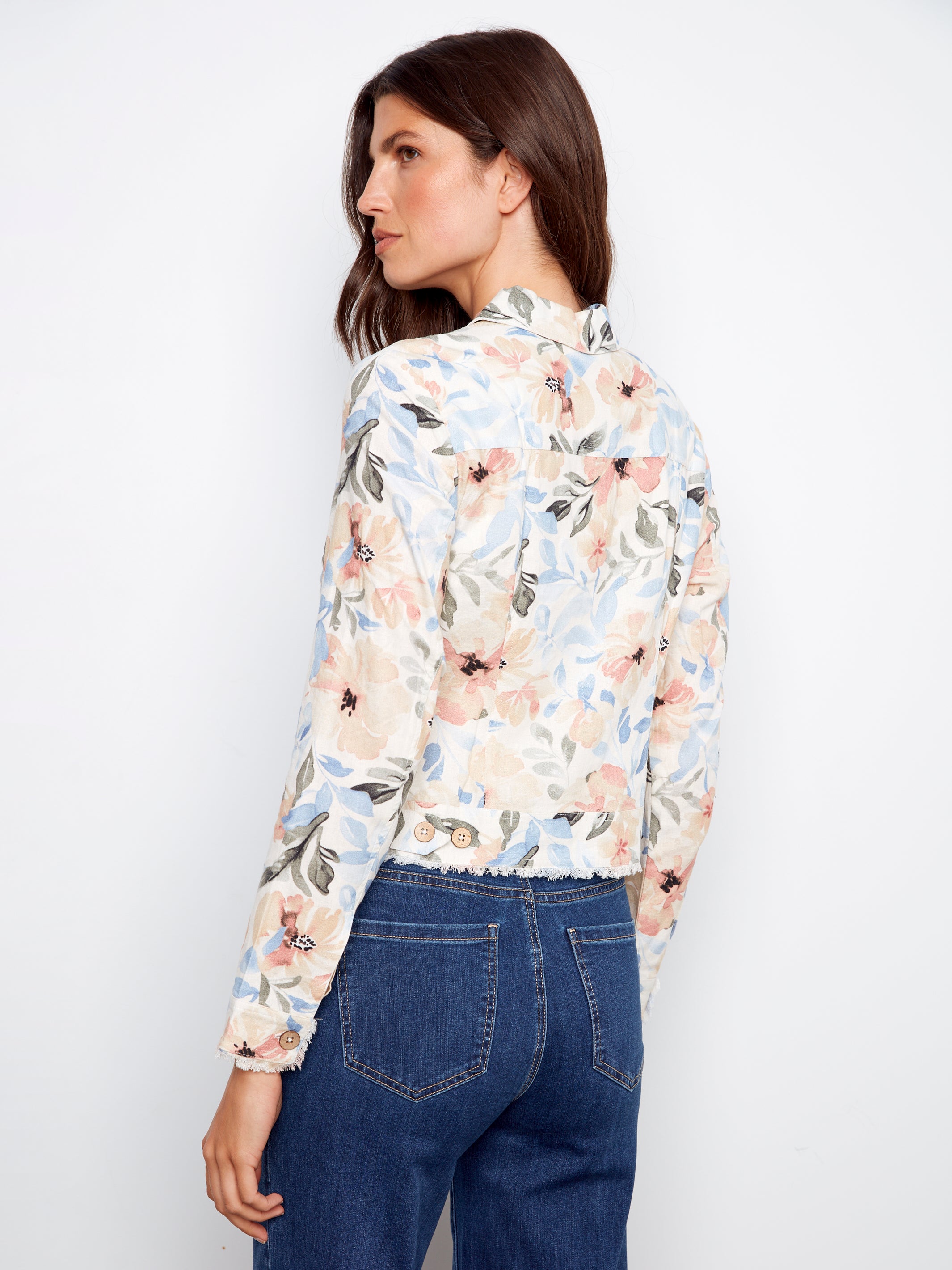 Printed Linen Jacket With Frayed Hem C6199TP/229B