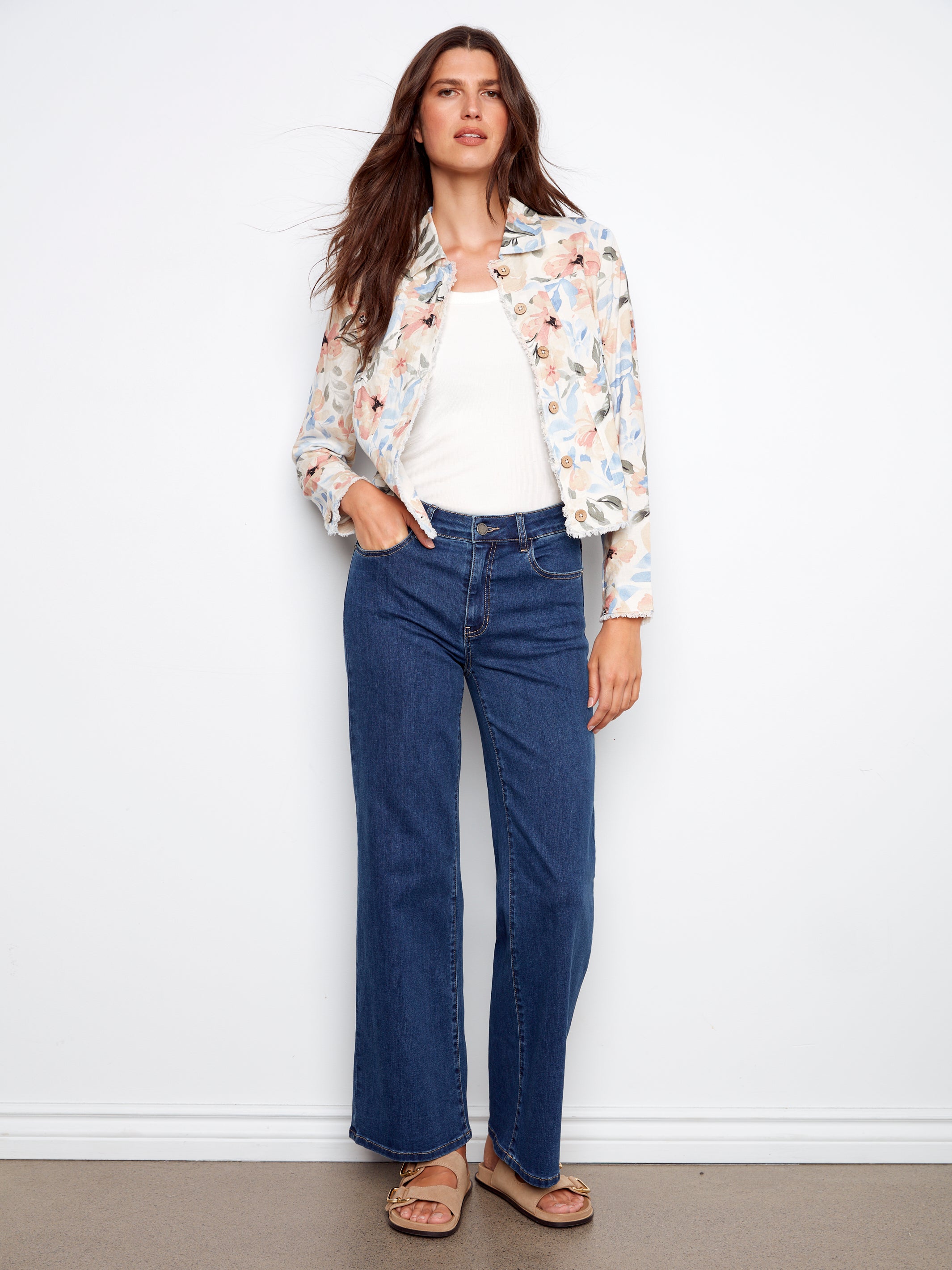 Printed Linen Jacket With Frayed Hem C6199TP/229B