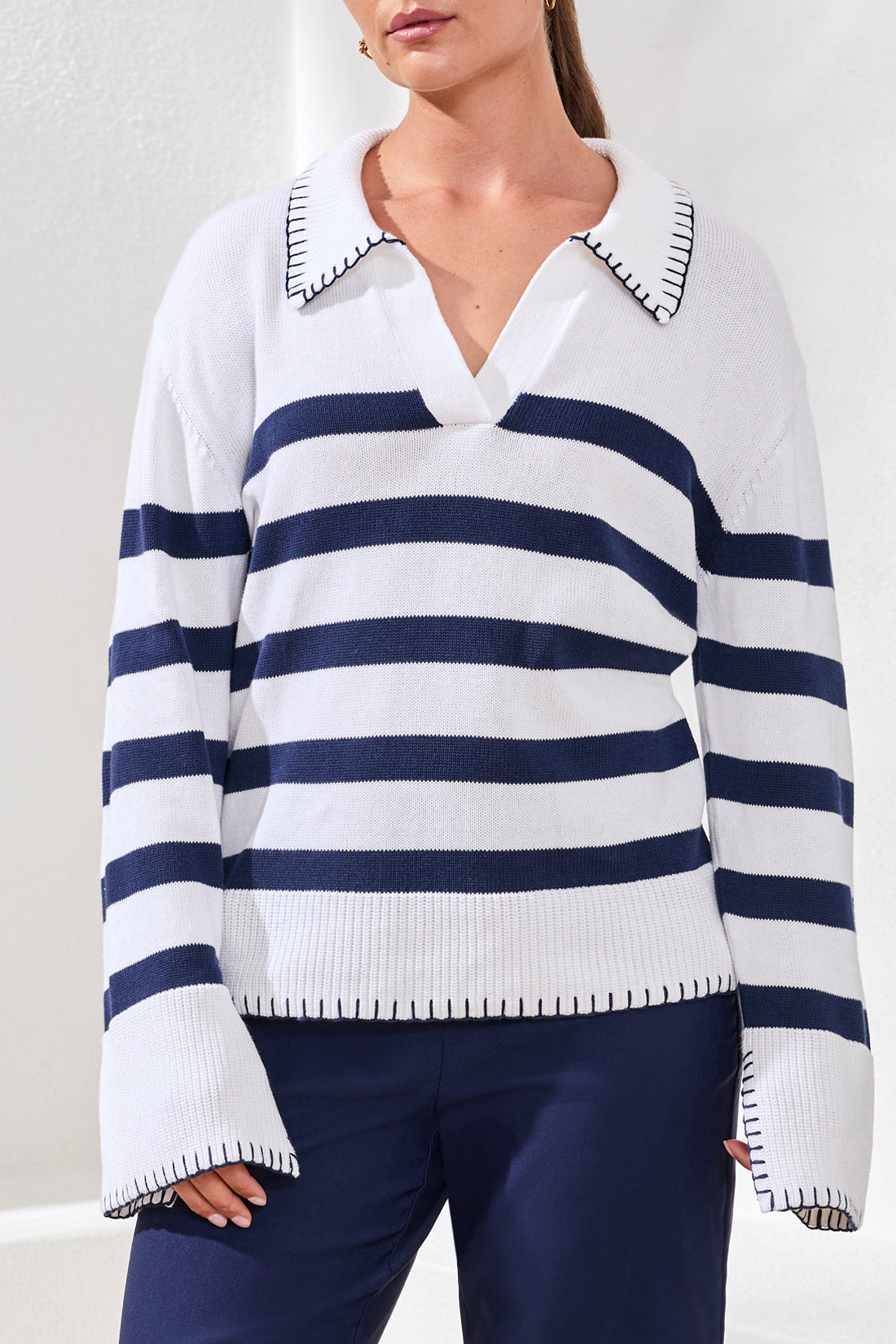 Polo Sweater W/Blanket Stitch 2429O-576