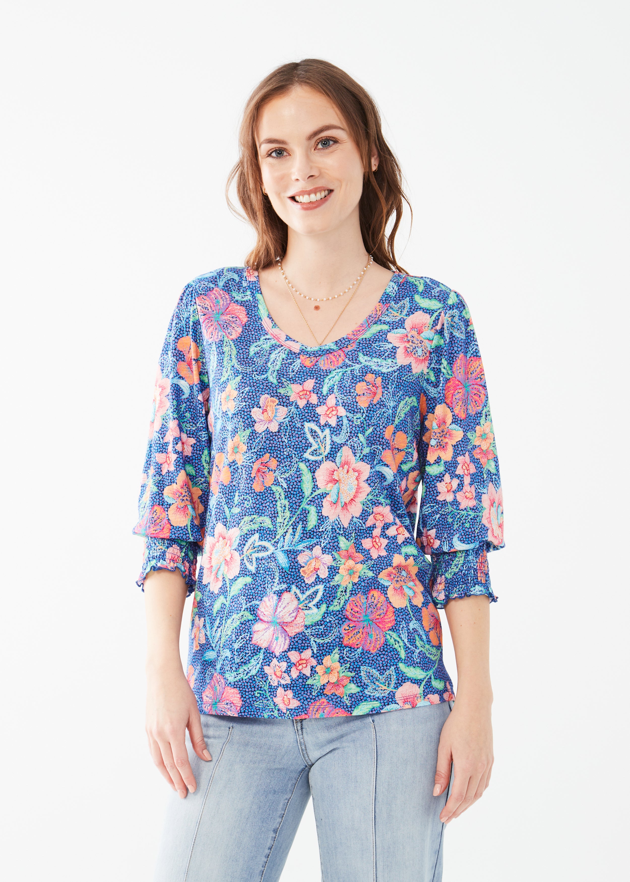 Printed V Neck Top With Smocked Cuffs 3310476