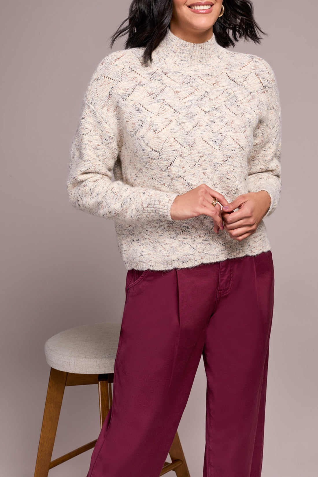 Mock Neck Puff Sleeve High Low Sweater  5943O/5035