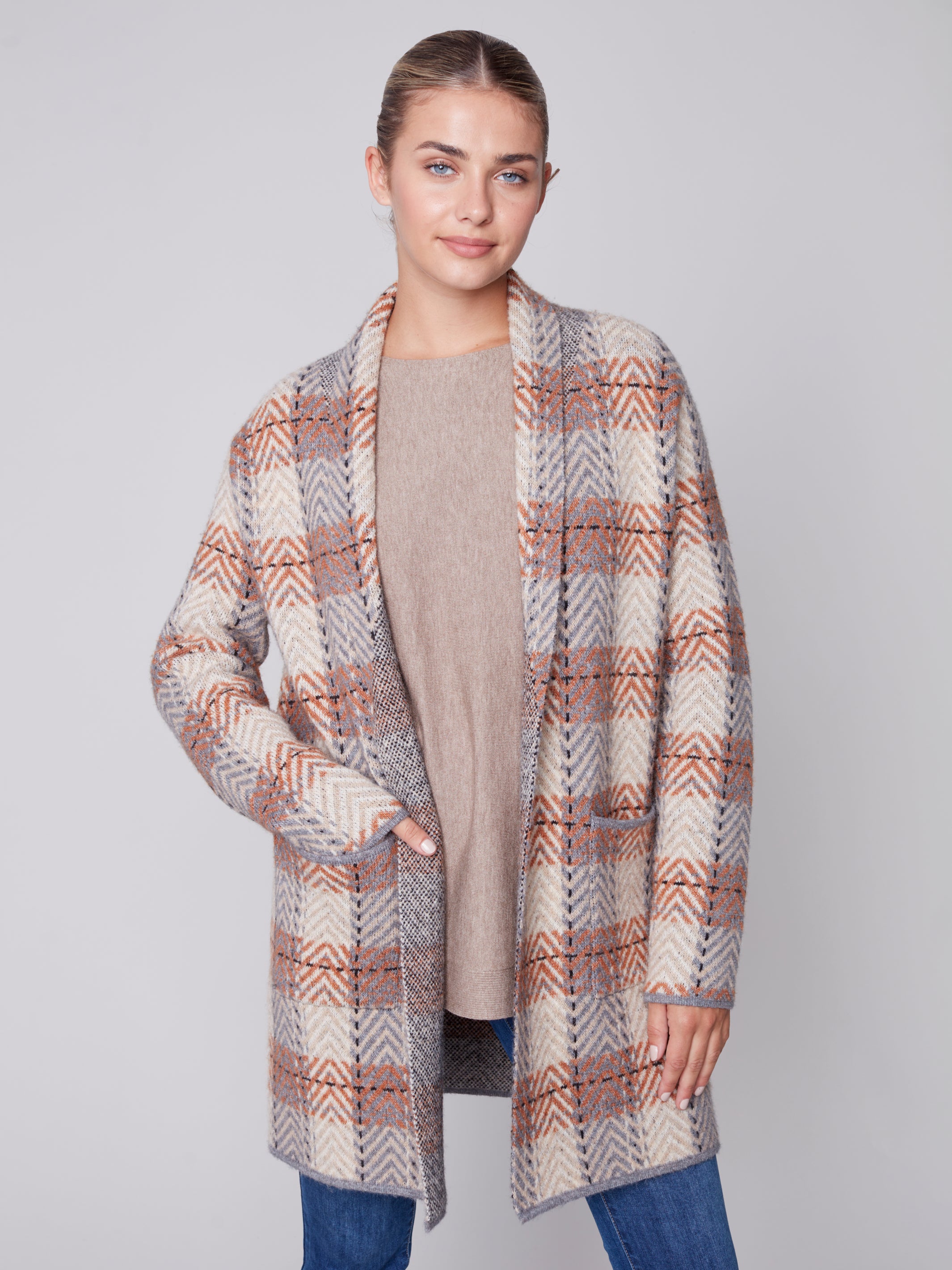 Shawl Neck Plaid Jacquard Cardigan C2555/643B