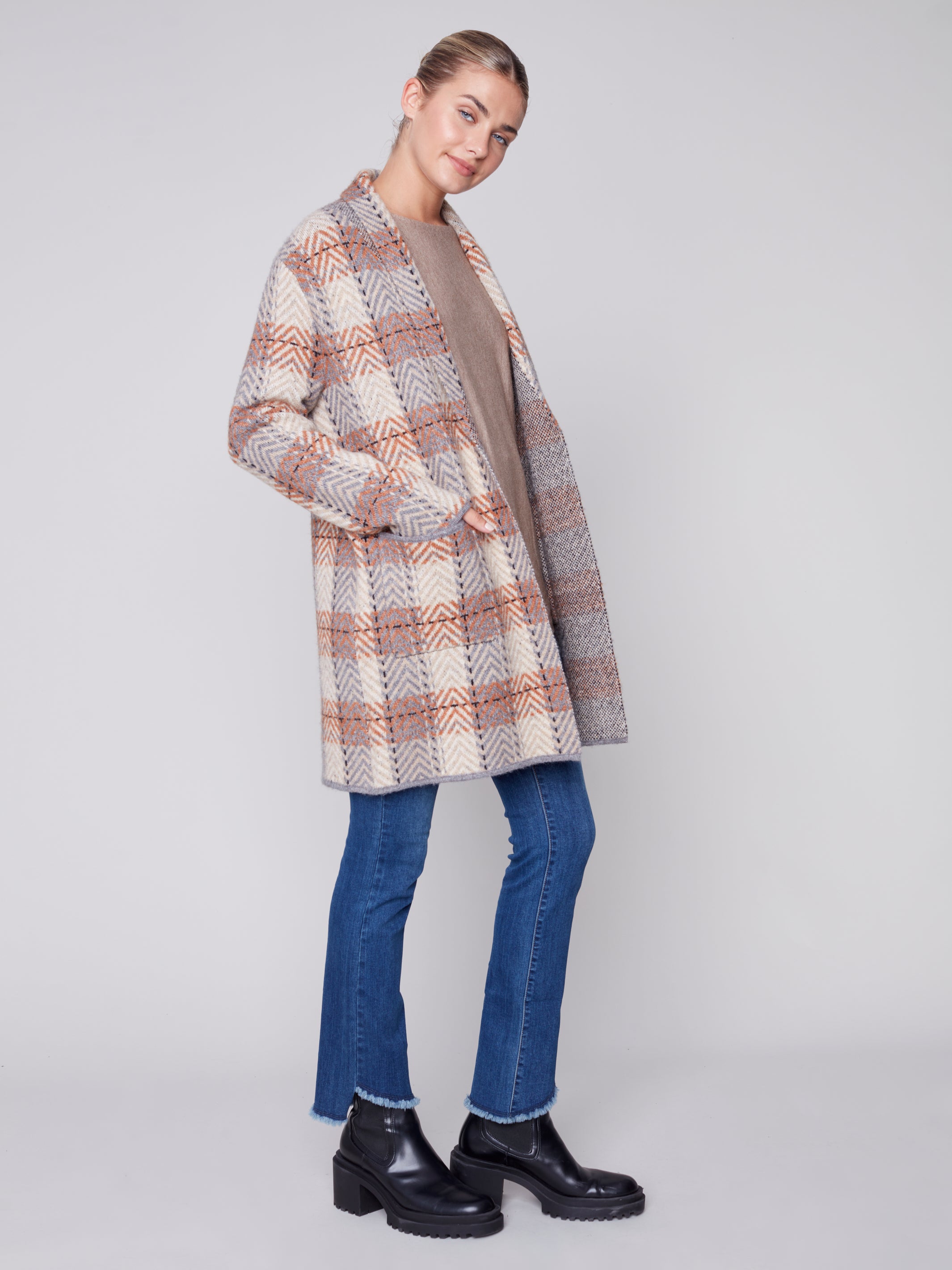 Shawl Neck Plaid Jacquard Cardigan C2555/643B
