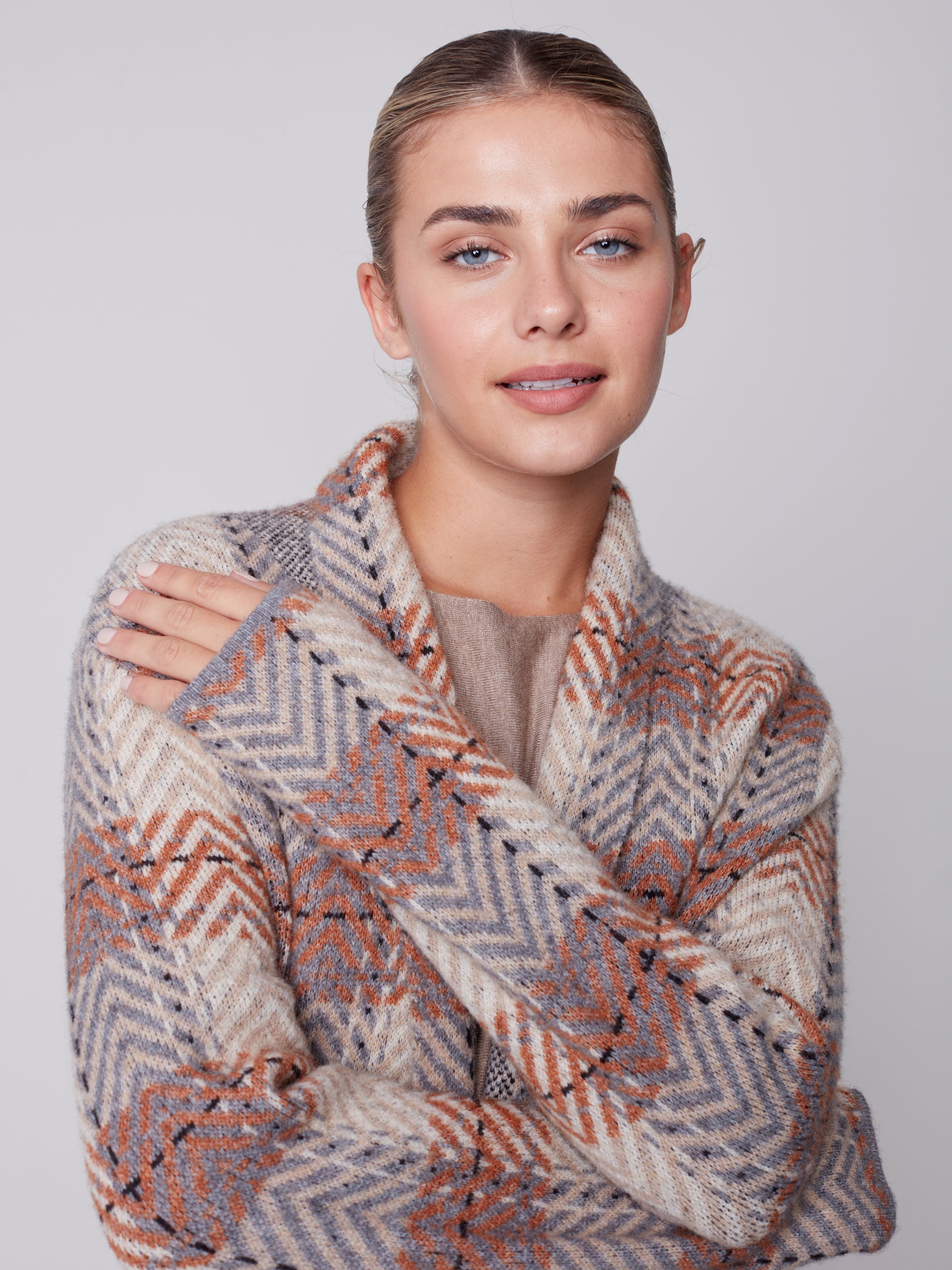Shawl Neck Plaid Jacquard Cardigan C2555/643B