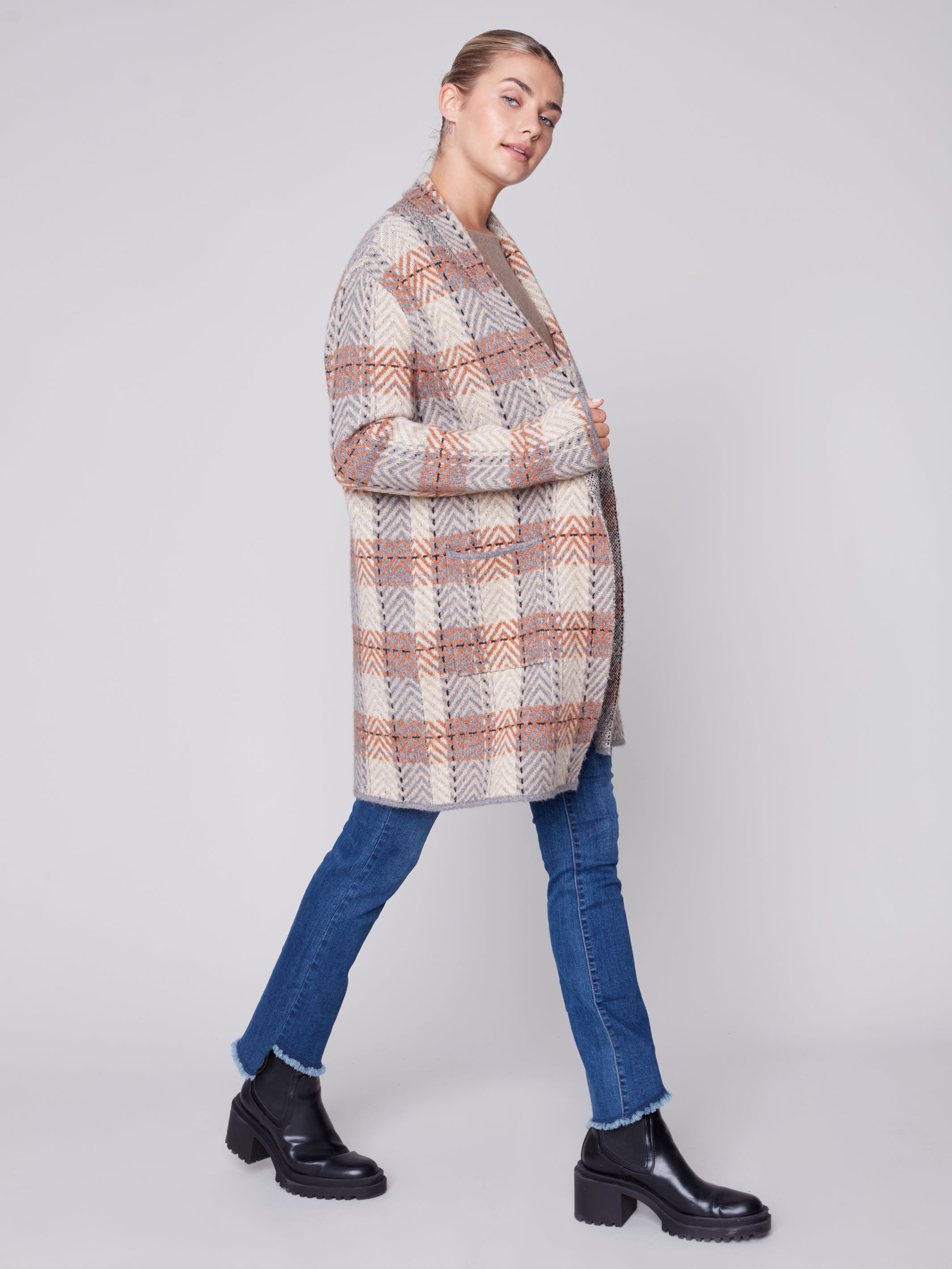Shawl Neck Plaid Jacquard Cardigan C2555/643B