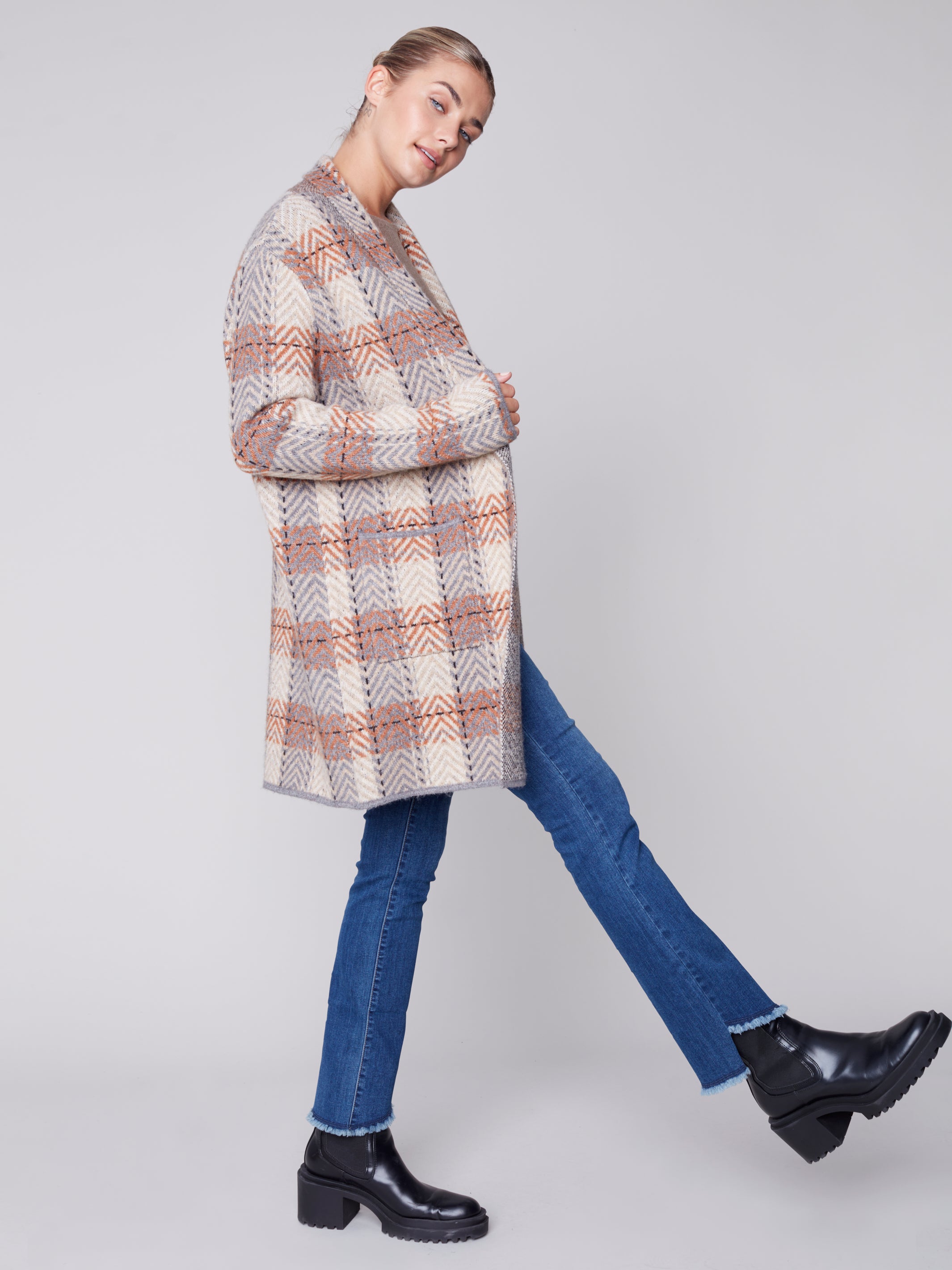 Shawl Neck Plaid Jacquard Cardigan C2555/643B