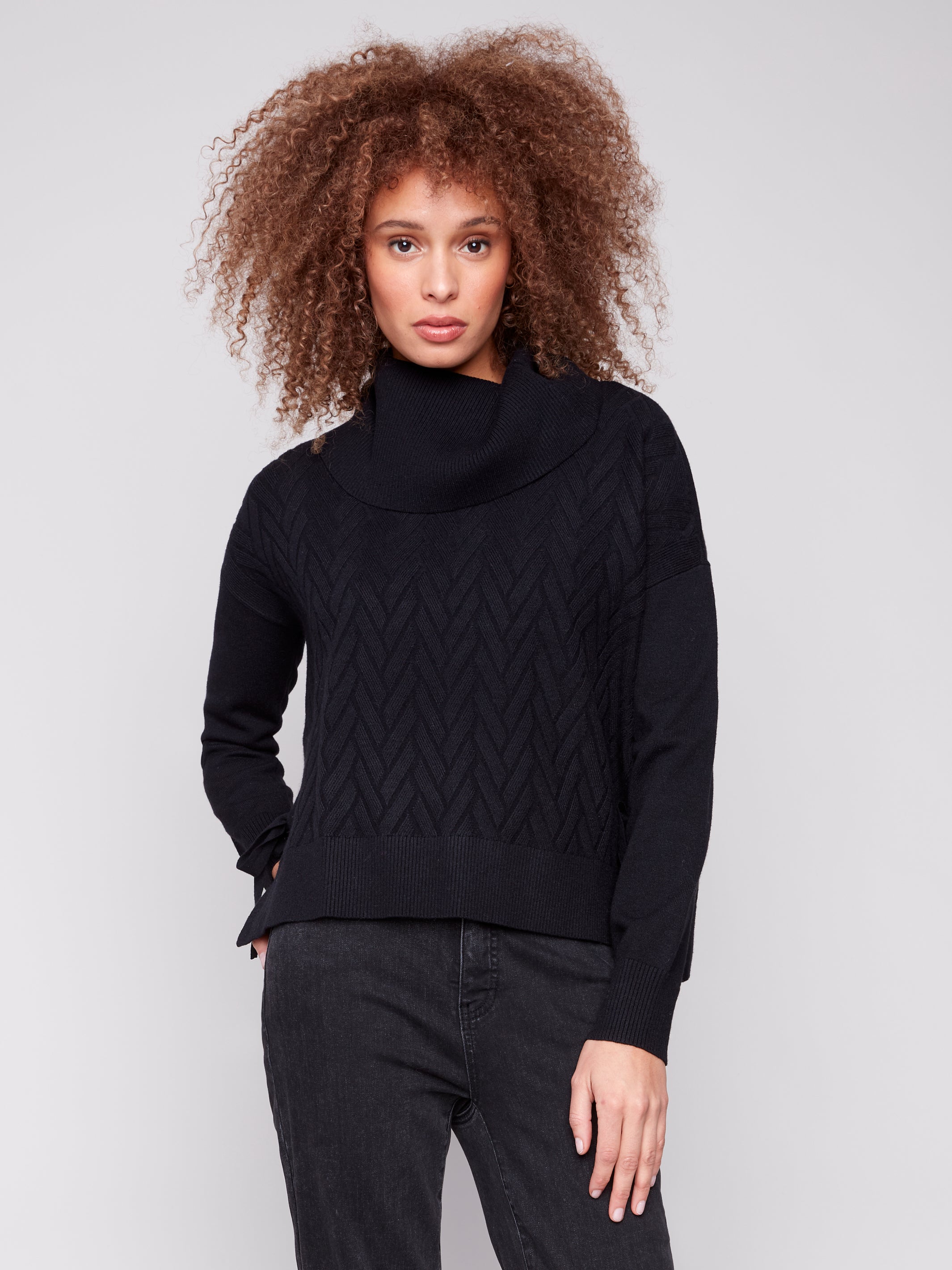 Cowl Neck Sweater Side Slit/Tie Details C2903/974A