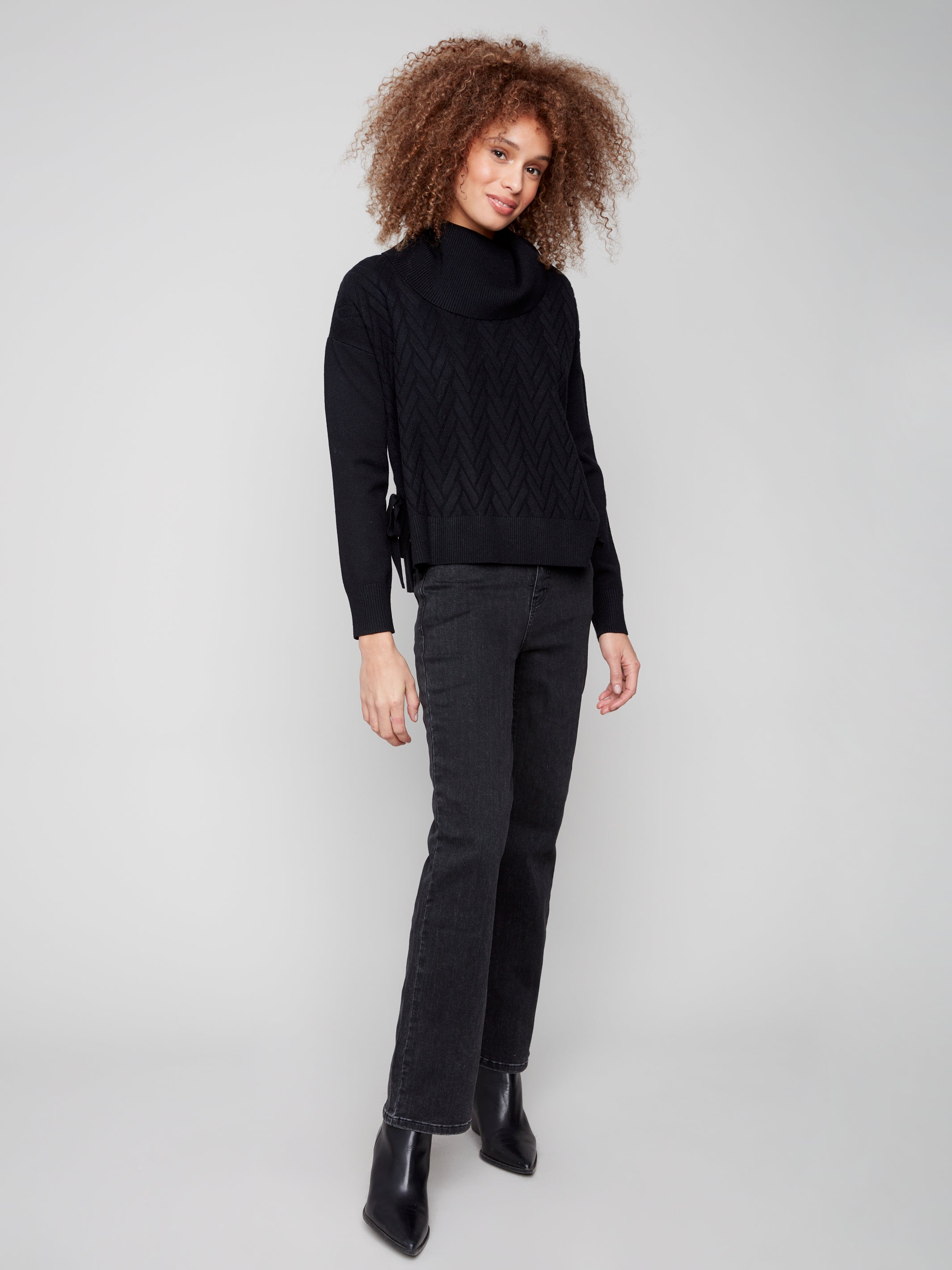 Cowl Neck Sweater Side Slit/Tie Details C2903/974A