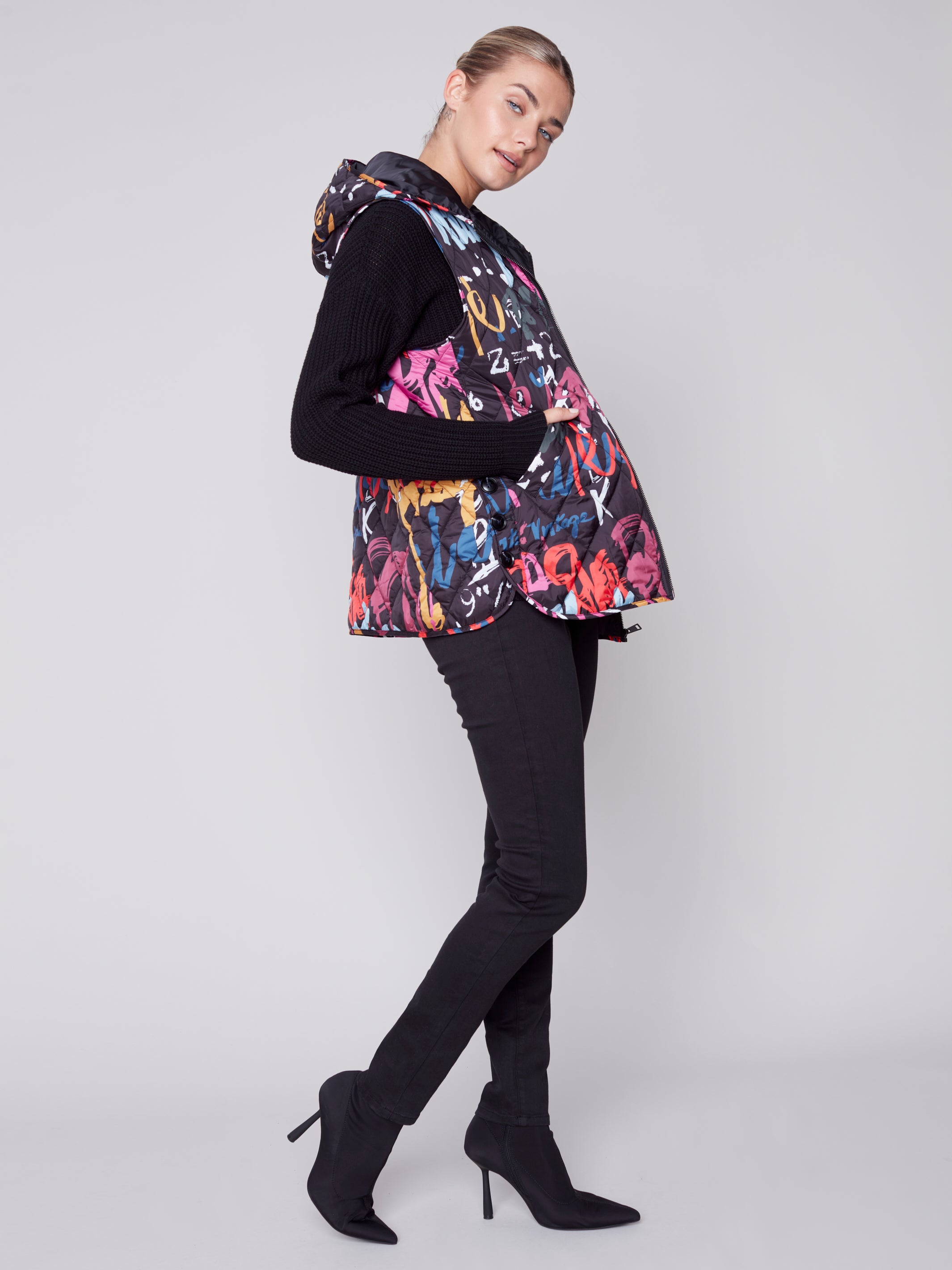 Graffiti Print Quilted Vest With Side Buttons C6269P-66A