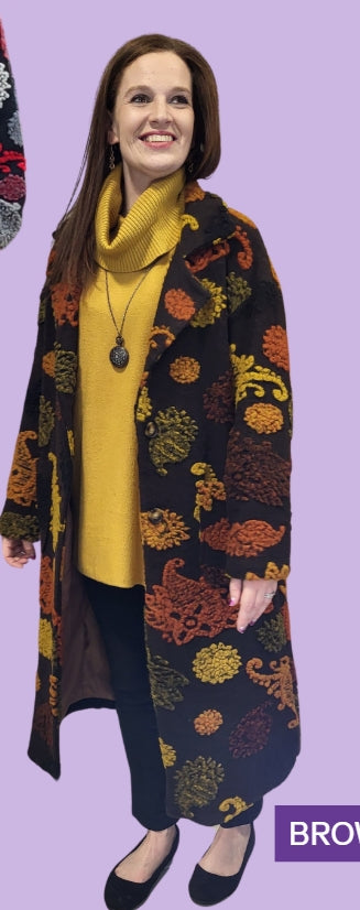 Brown Leaf Long Lined Coat 70% Wool LL60915