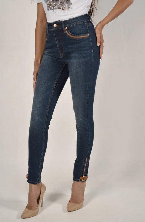 5 Pocket Denim Jeans With Leather Detail 226182