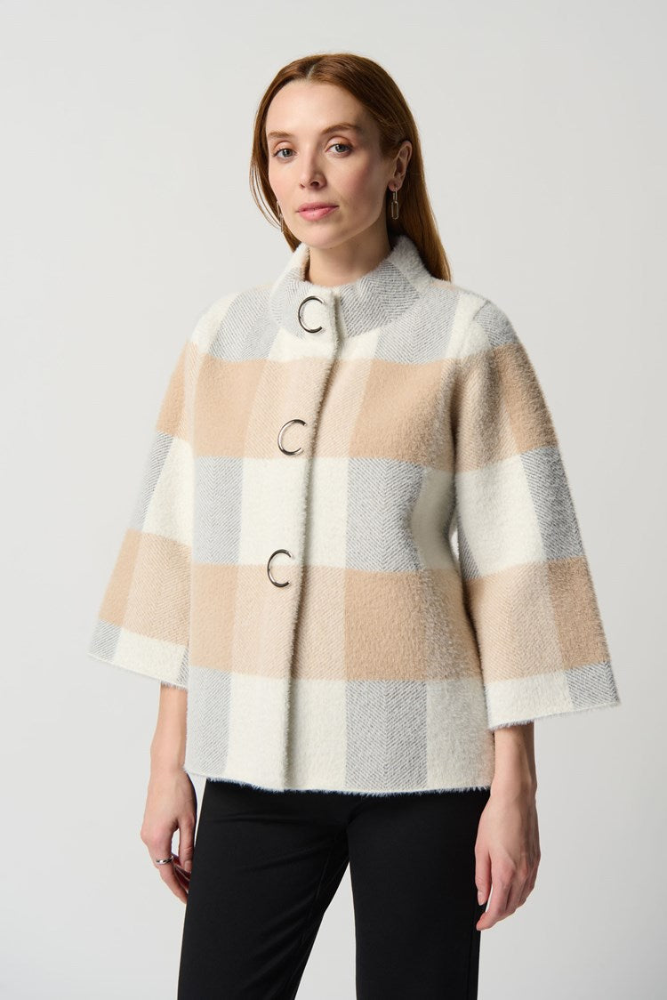 Plaid Jacquard Sweater Jacket With Funnel Neck 234908